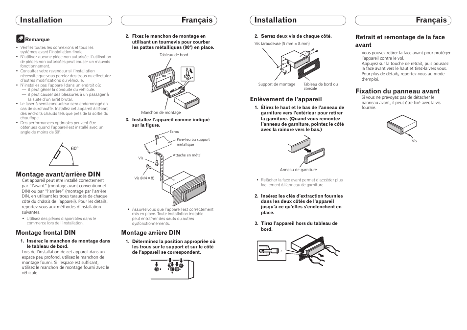 Installation français, Fixation du panneau avant, Montage avant/arrière din | Pioneer DEH-8300SD User Manual | Page 3 / 16