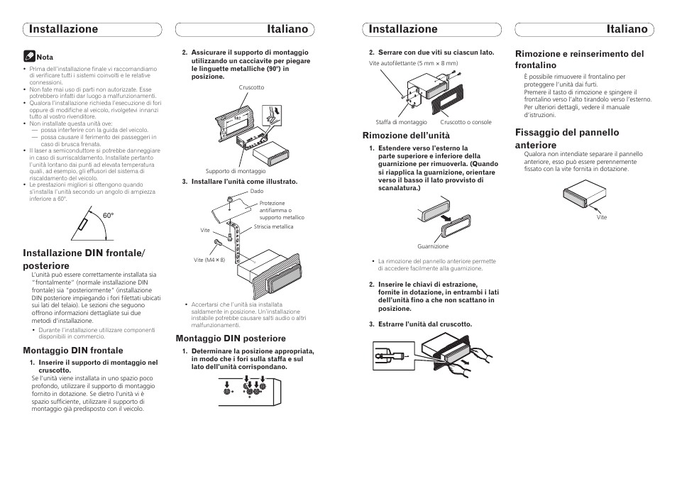 Installazione italiano installazione italiano, Installazione din frontale/ posteriore, Fissaggio del pannello anteriore | Pioneer DEH-8300SD User Manual | Page 4 / 16