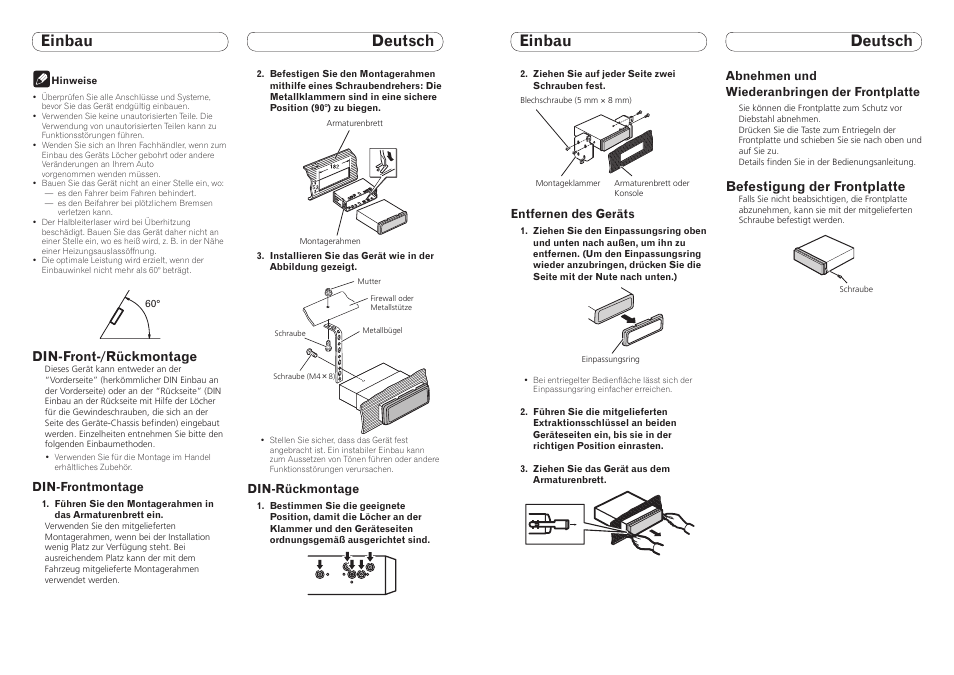 Einbau deutsch einbau deutsch, Din-front-/rückmontage, Befestigung der frontplatte | Pioneer DEH-8300SD User Manual | Page 6 / 16