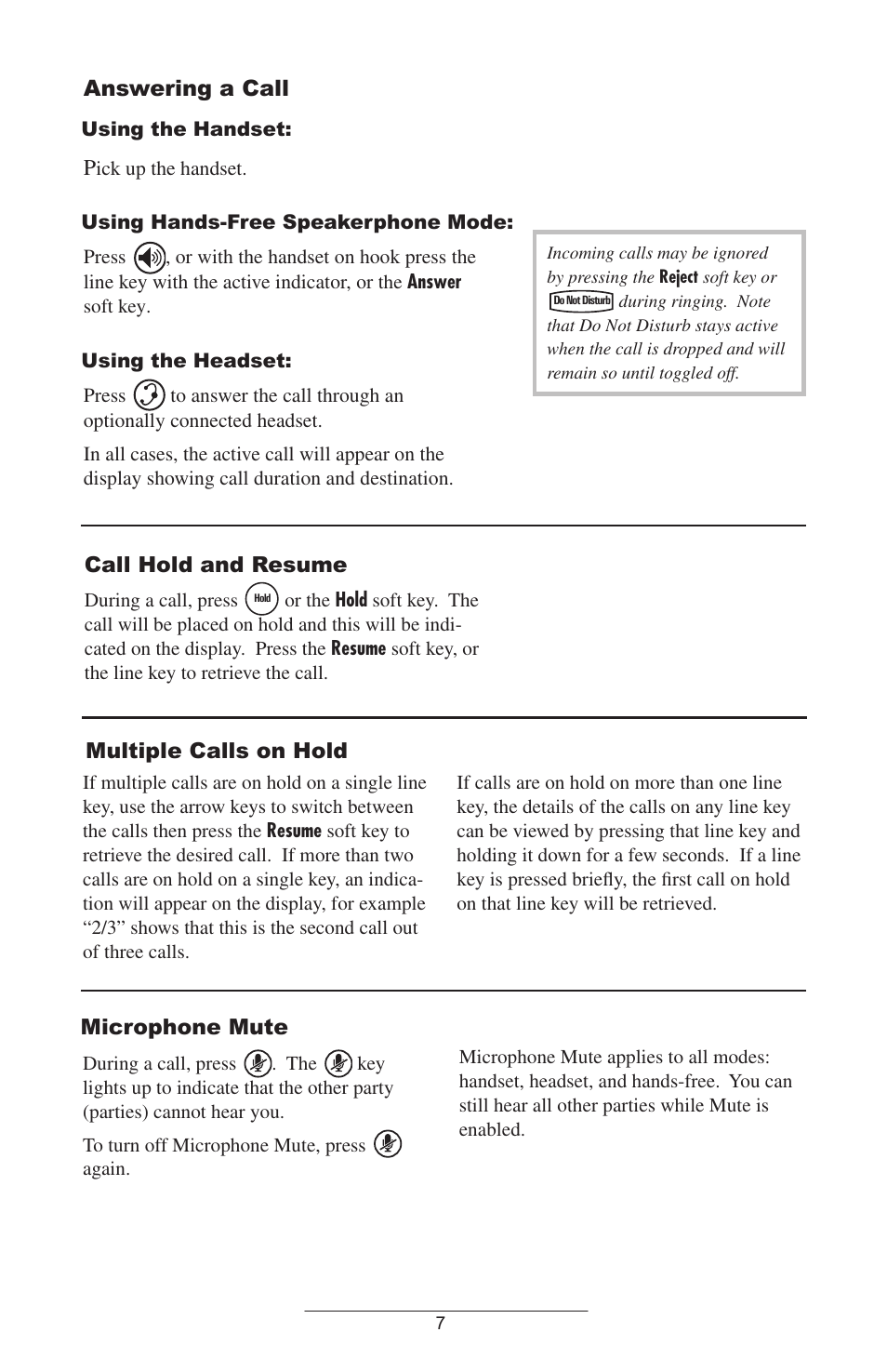 Answering a call, Call hold, Multiple calls on hold | Microphone mute, Call hold and resume, Multiple calls on hold microphone mute | ADTRAN IP601SIP User Manual | Page 10 / 35