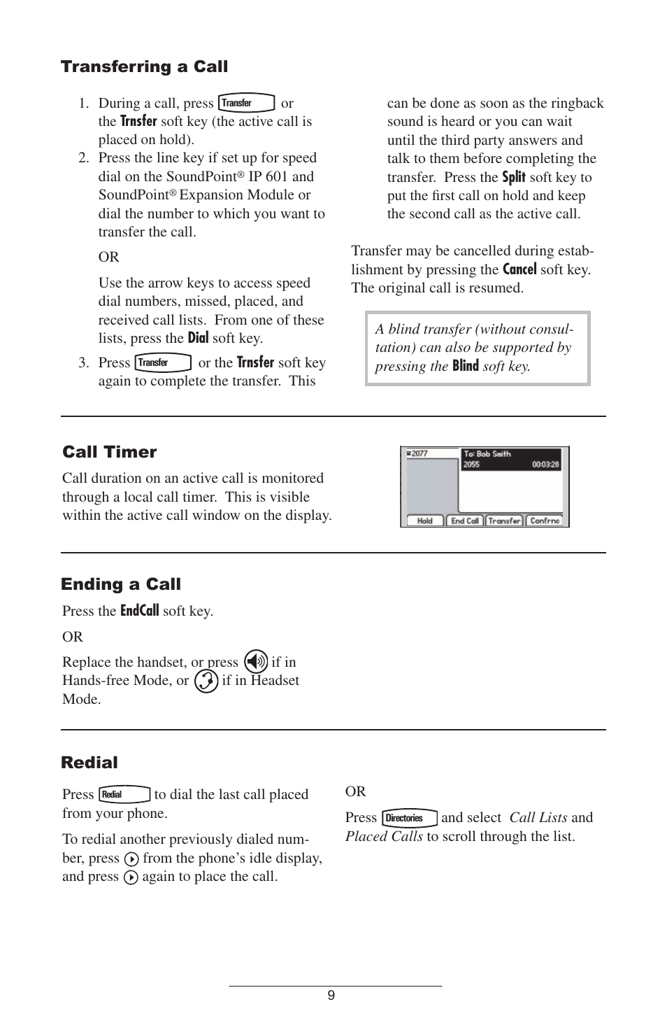 Transferring a call, Call timer, Ending a call | Redial | ADTRAN IP601SIP User Manual | Page 12 / 35