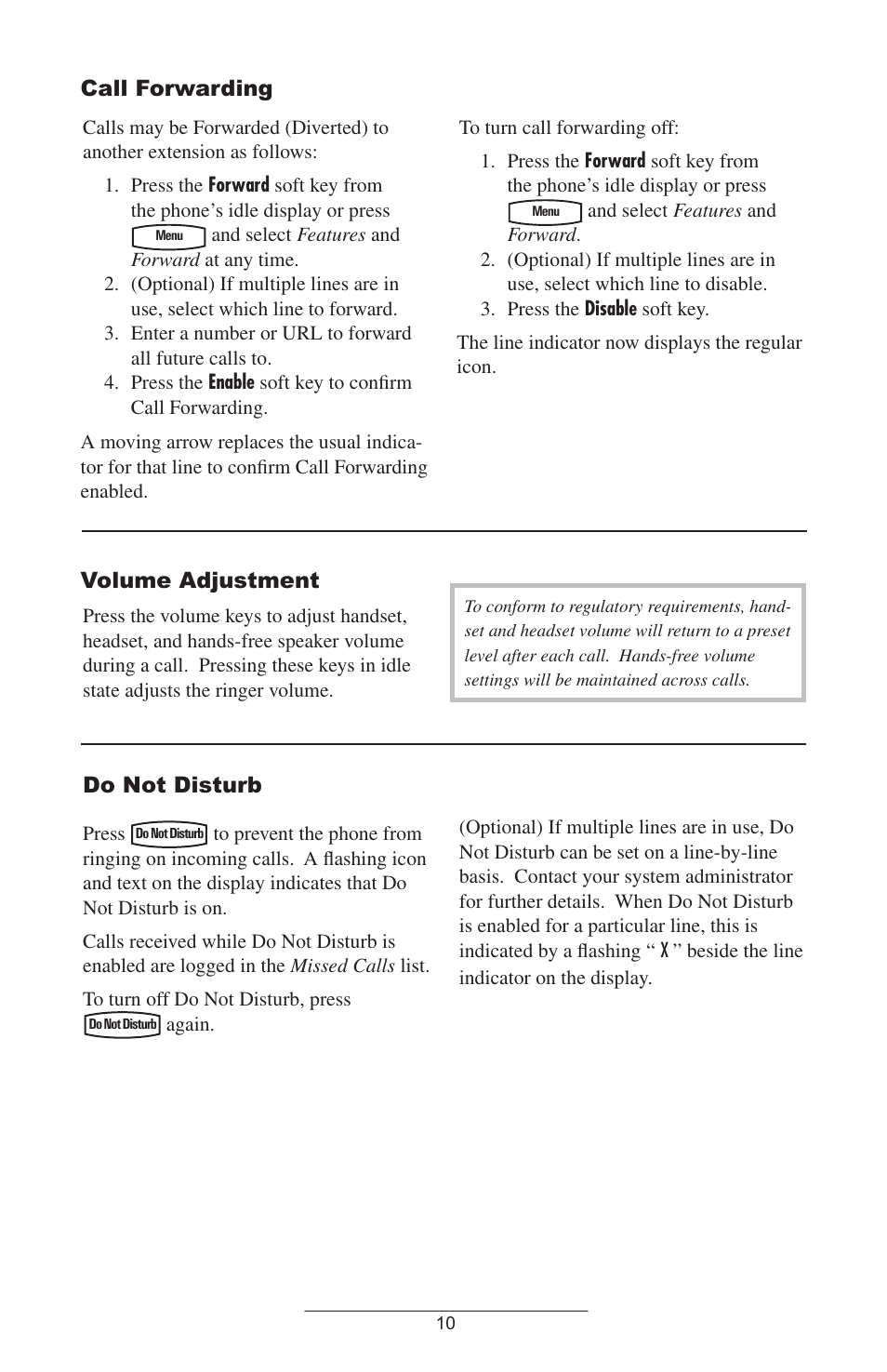 Call forwarding, Volume adjustment, Do not disturb | ADTRAN IP601SIP User Manual | Page 13 / 35