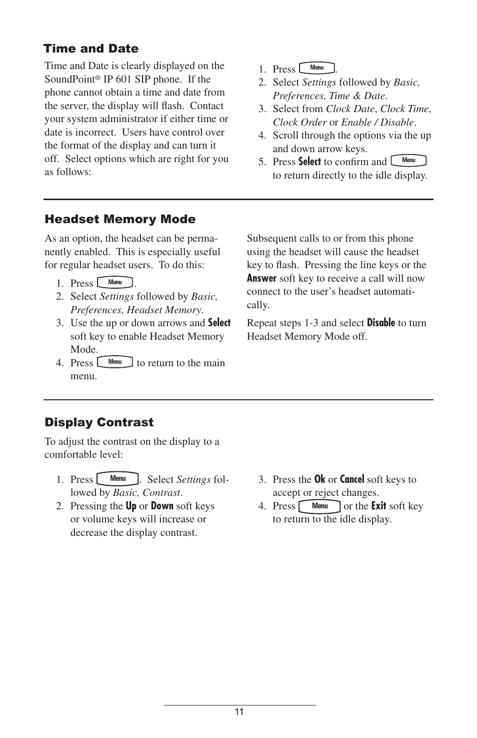 Time and date, Headset memory mode, Display contrast | ADTRAN IP601SIP User Manual | Page 14 / 35