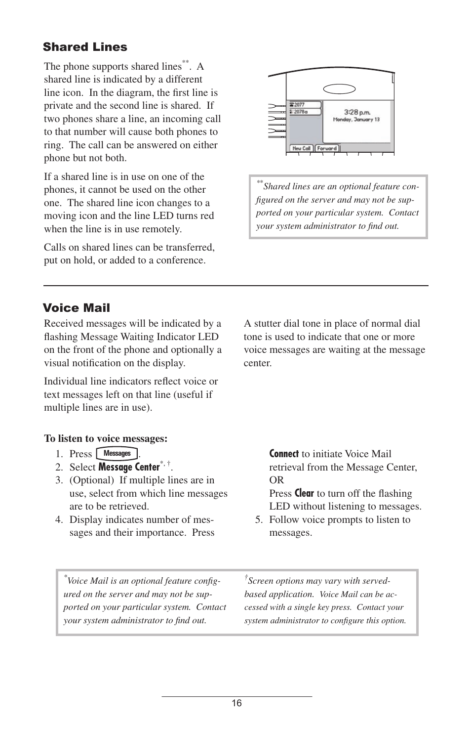 Shared lines, Voice mail, The phone supports shared lines | Select message center | ADTRAN IP601SIP User Manual | Page 19 / 35