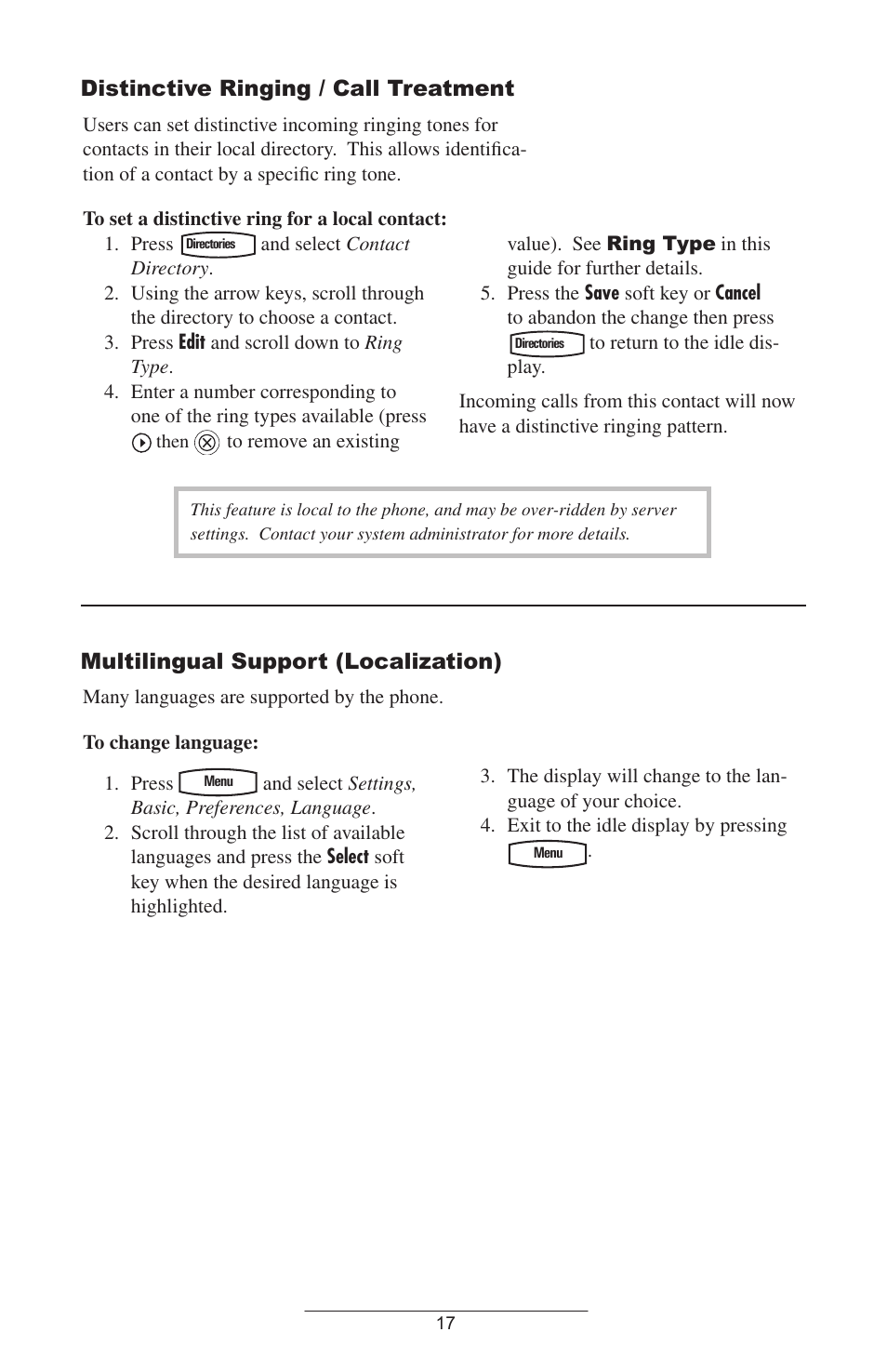 Distinctive ringing / call treatment, Multilingual support (localization) | ADTRAN IP601SIP User Manual | Page 20 / 35