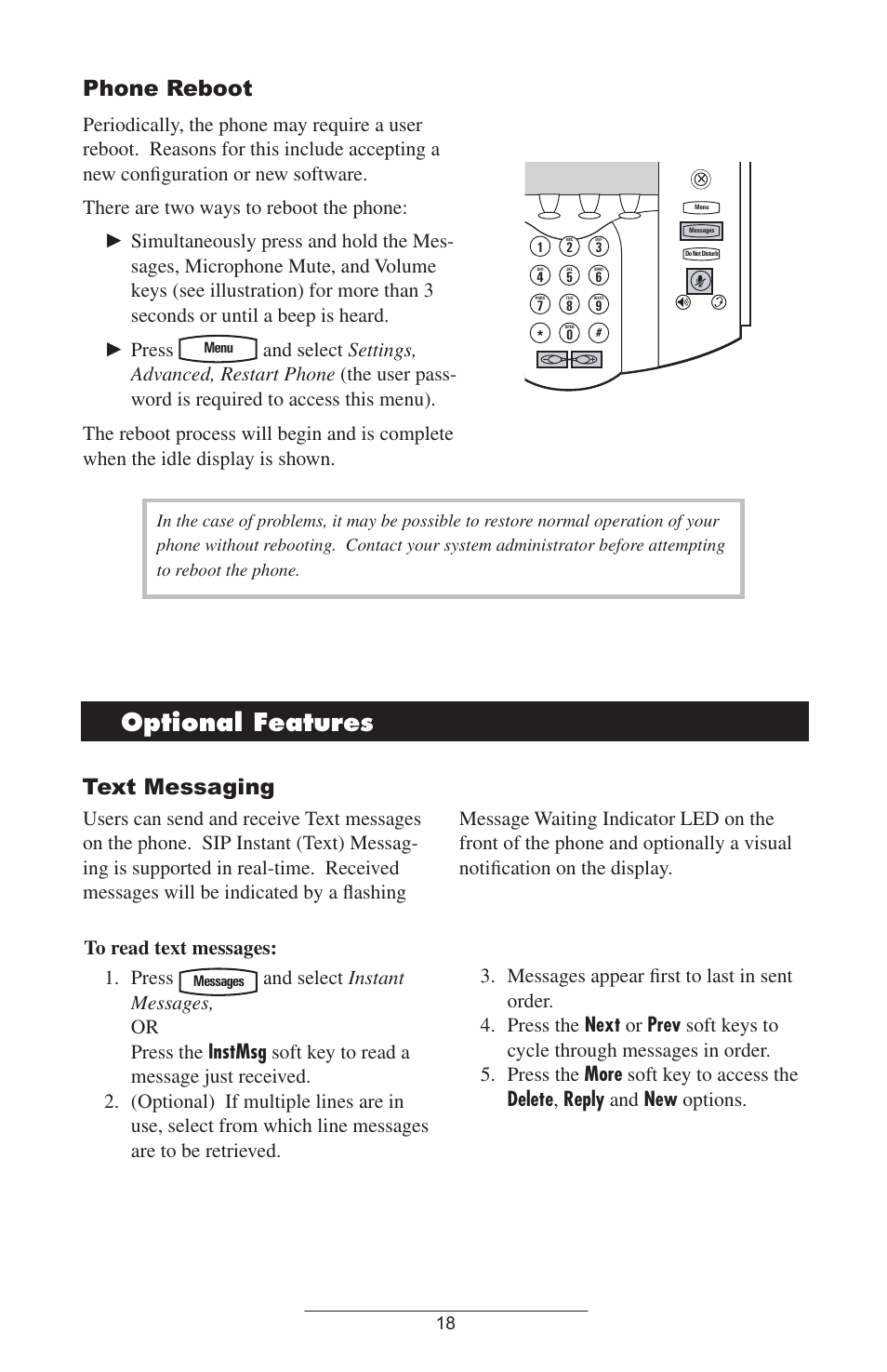 Phone reboot, Optional features, Text messaging | ADTRAN IP601SIP User Manual | Page 21 / 35