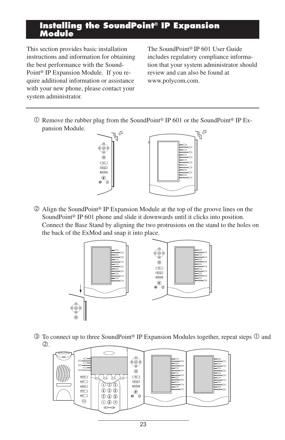 Installing the soundpoint, Ip expansion module, Remove the rubber plug from the soundpoint | Ip 601 or the soundpoint, Ip ex- pansion module, Align the soundpoint, Ip expansion modules together, repeat steps | ADTRAN IP601SIP User Manual | Page 26 / 35