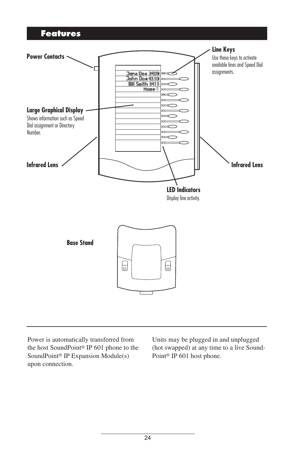 Features, Large graphical display, Power contacts infrared lens line keys | Led indicators, Ip 601 phone to the soundpoint, Ip 601 host phone | ADTRAN IP601SIP User Manual | Page 27 / 35