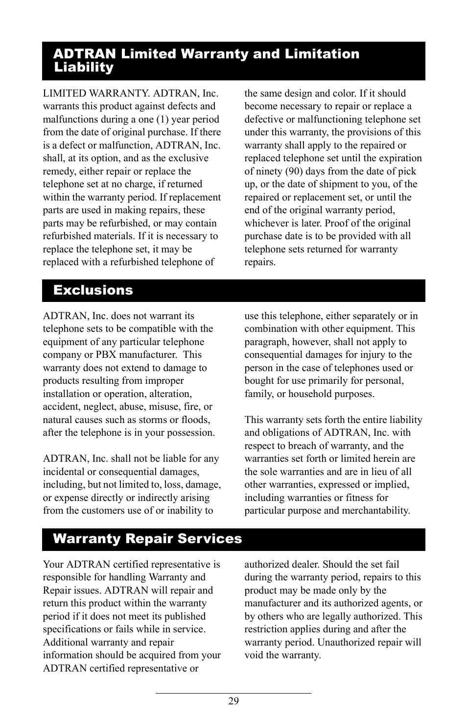 Adtran limited warranty and limitation liability, Limited warranty, Exclusions | Warranty repair services | ADTRAN IP601SIP User Manual | Page 32 / 35