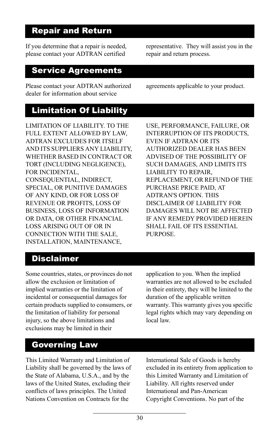 Warranty repair services, Repair and return, Service agreements | Limitation of liability, Disclaimer, Governing law | ADTRAN IP601SIP User Manual | Page 33 / 35