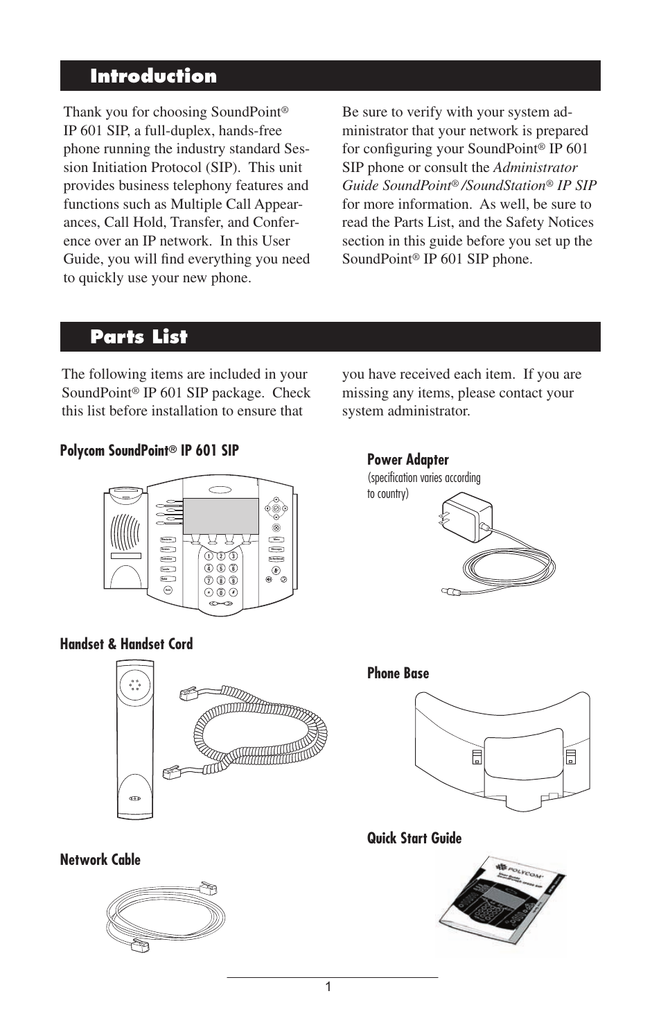 Introduction, Parts list, Introduction parts list | Soundstation, Ip 601 sip phone, Phone base quick start guide, Speciﬁcation varies according to country) | ADTRAN IP601SIP User Manual | Page 4 / 35