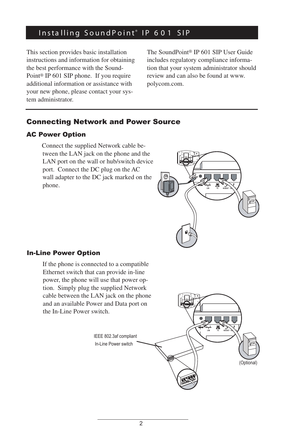 Installing soundpoint, Ip 601 sip, Connecting network and power source | I p 6 0 1 s i p | ADTRAN IP601SIP User Manual | Page 5 / 35