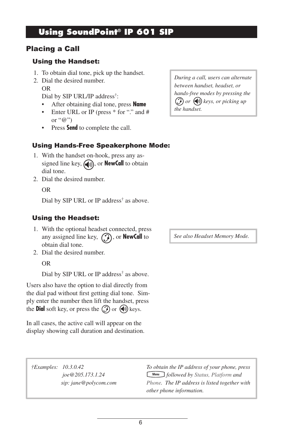 Using soundpoint, Ip 601 sip, Placing a call | ADTRAN IP601SIP User Manual | Page 9 / 35