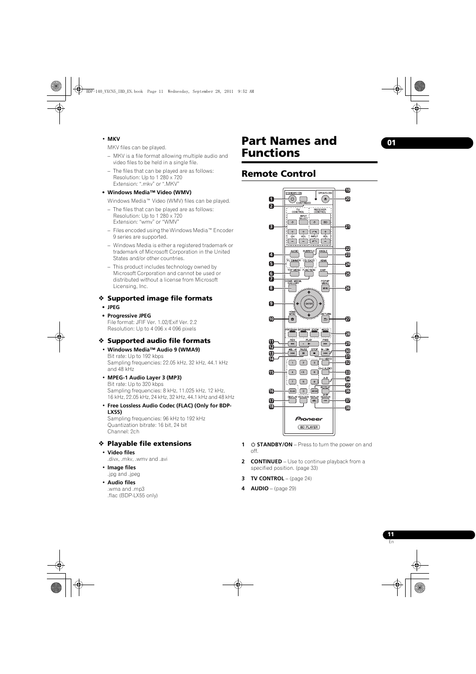 Part names and functions, Remote control | Pioneer BDP-LX55 User Manual | Page 11 / 64