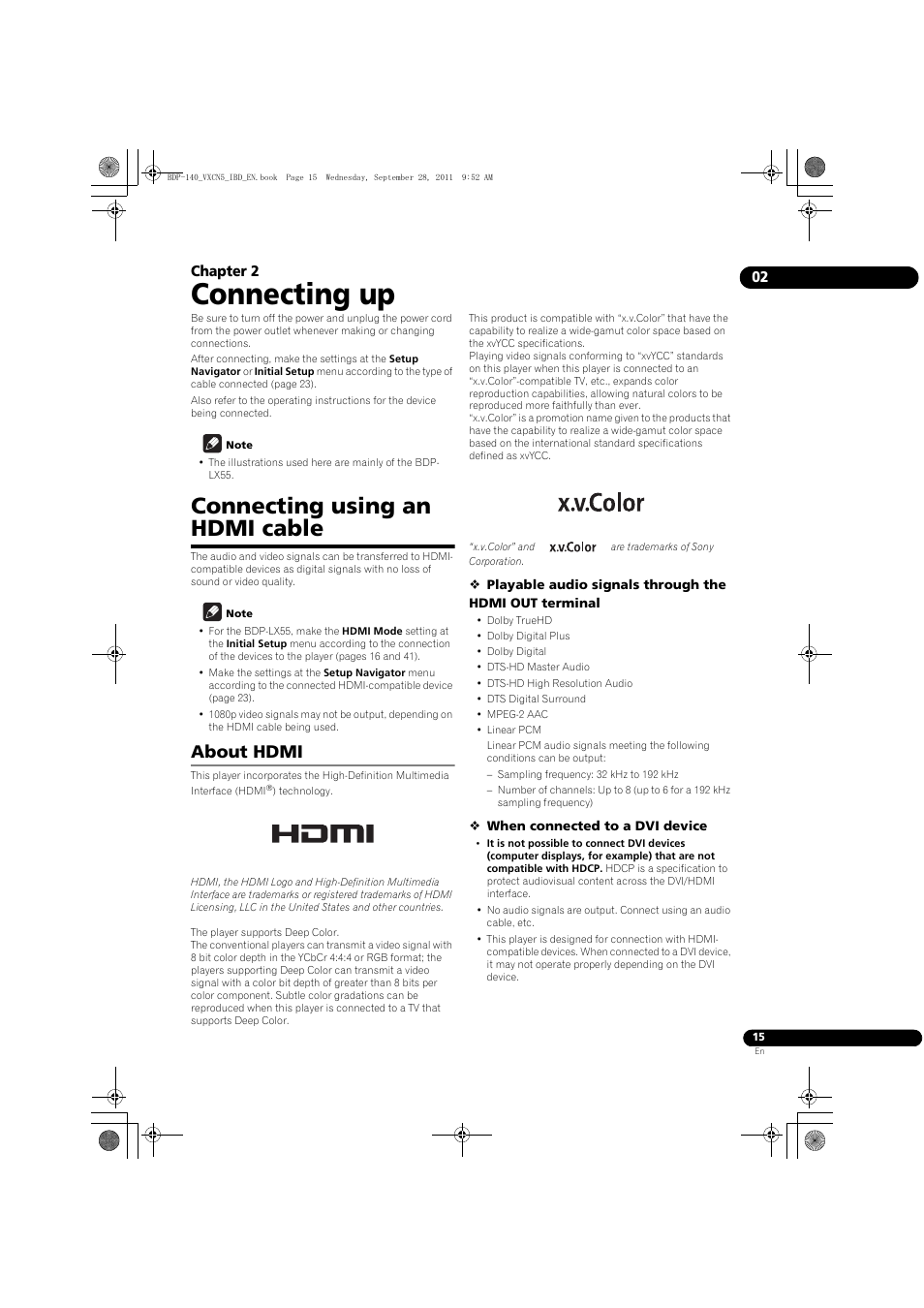 Connecting using an hdmi cable, About hdmi, Connecting up | 02 chapter 2 | Pioneer BDP-LX55 User Manual | Page 15 / 64
