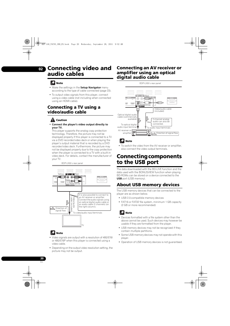 Connecting video and audio cables, Connecting components to the usb port, About usb memory devices | Connecting a tv using a video/audio cable | Pioneer BDP-LX55 User Manual | Page 20 / 64