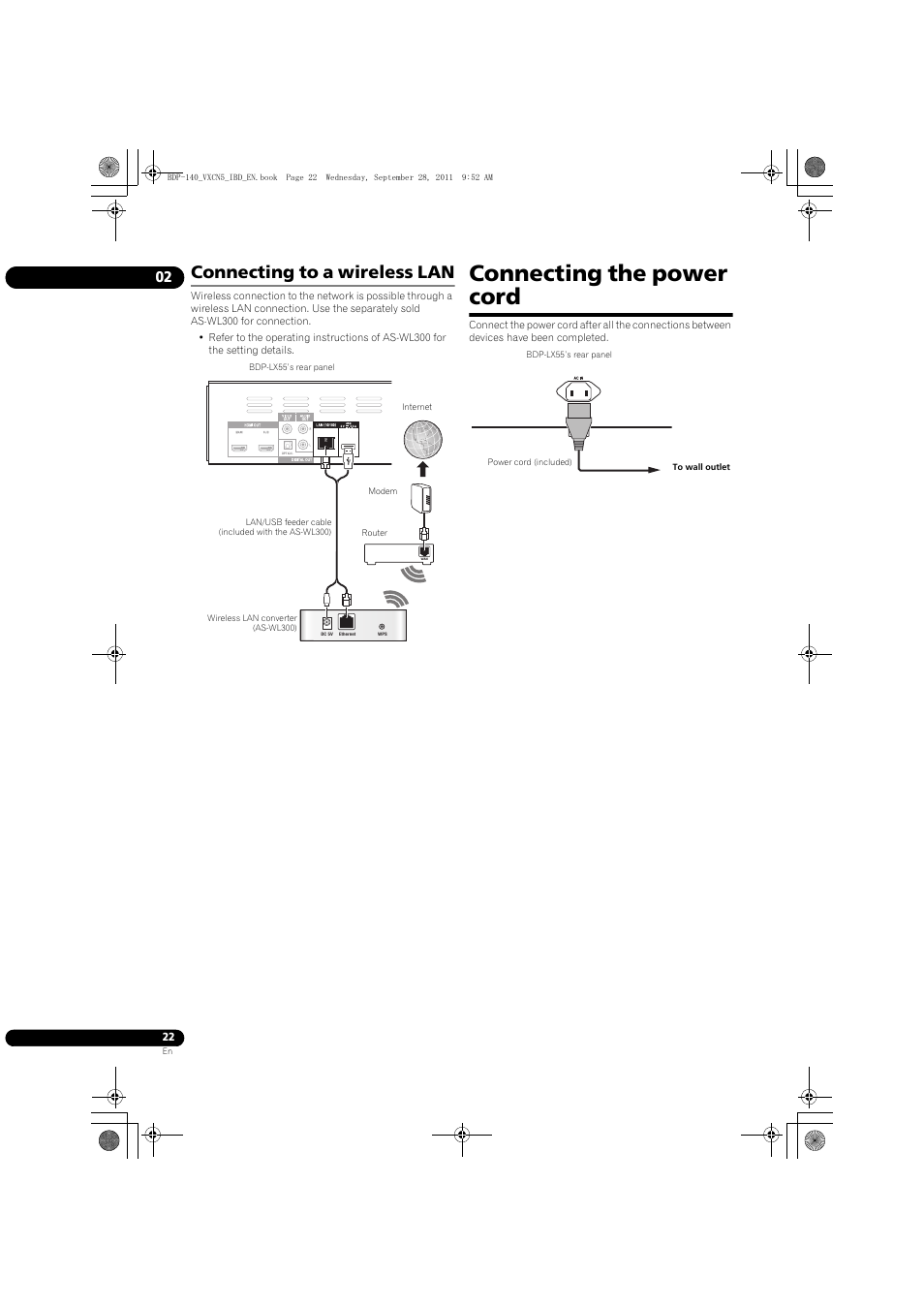 Connecting to a wireless lan, Connecting the power cord | Pioneer BDP-LX55 User Manual | Page 22 / 64
