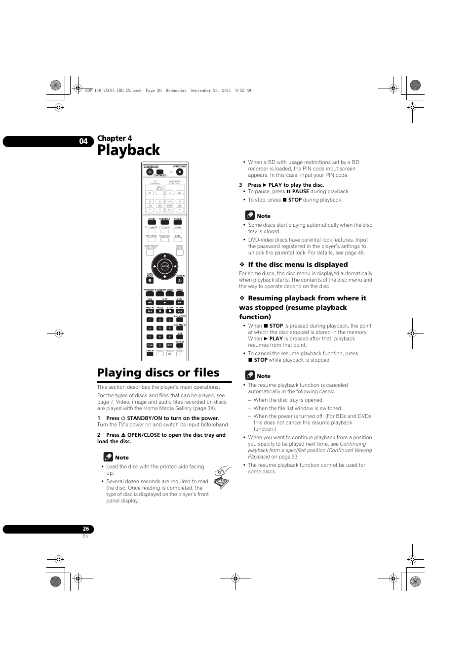 Playing discs or files, Playback, Chapter 4 | Pioneer BDP-LX55 User Manual | Page 26 / 64