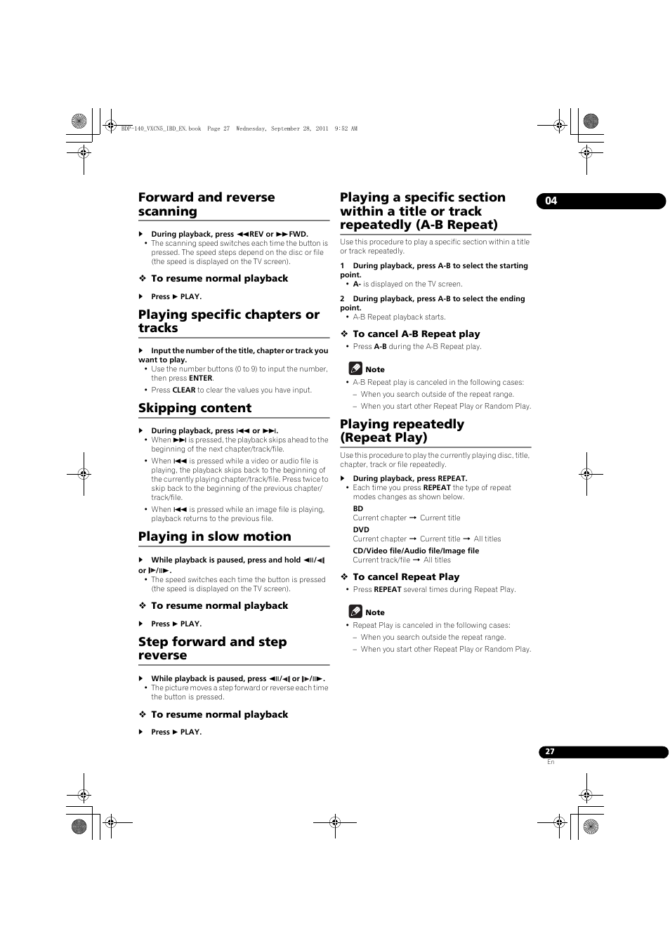 Forward and reverse scanning, Playing specific chapters or tracks, Skipping content | Playing in slow motion, Step forward and step reverse, Playing repeatedly (repeat play) | Pioneer BDP-LX55 User Manual | Page 27 / 64
