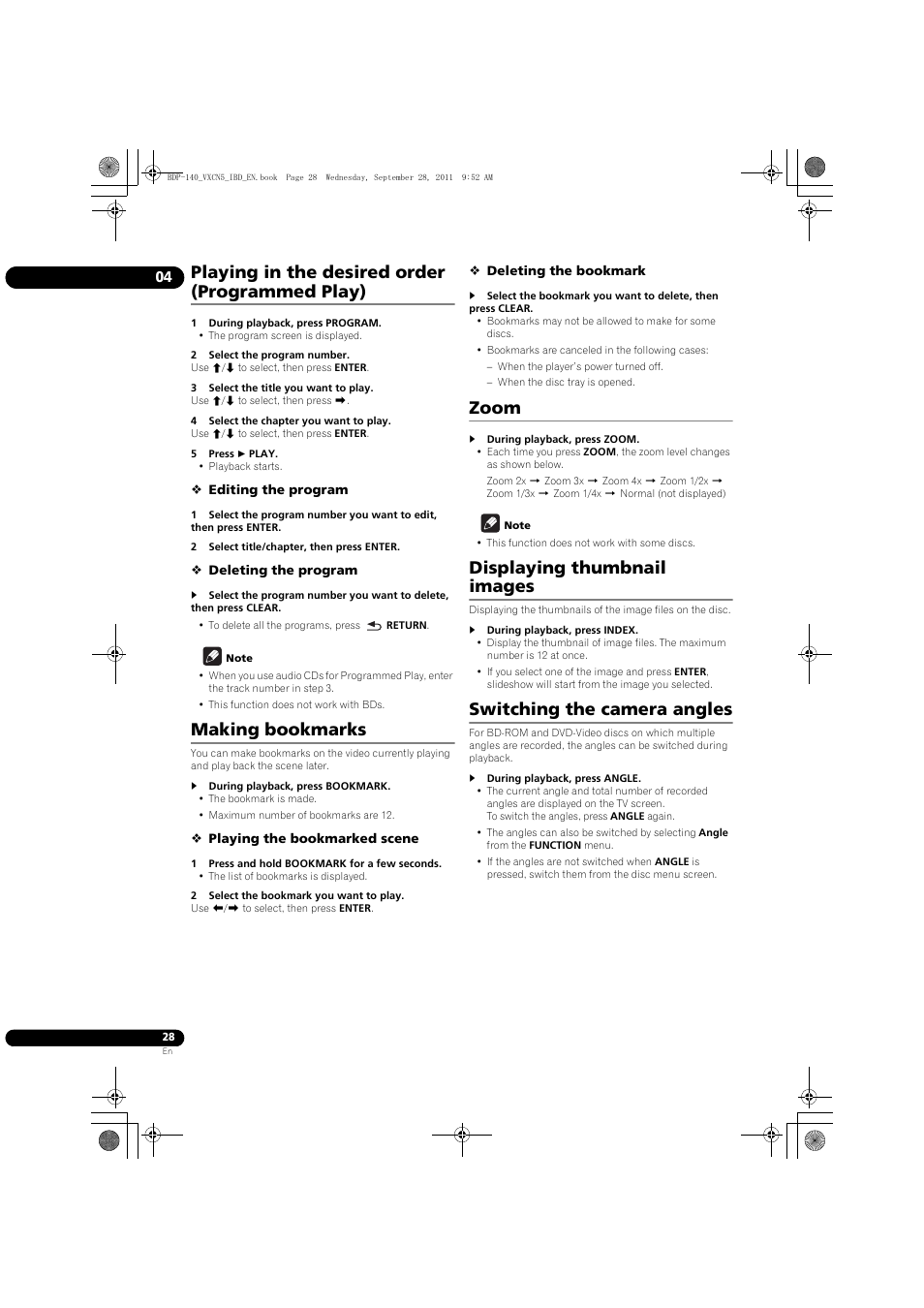 Playing in the desired order (programmed play), Making bookmarks, Zoom | Displaying thumbnail images, Switching the camera angles | Pioneer BDP-LX55 User Manual | Page 28 / 64