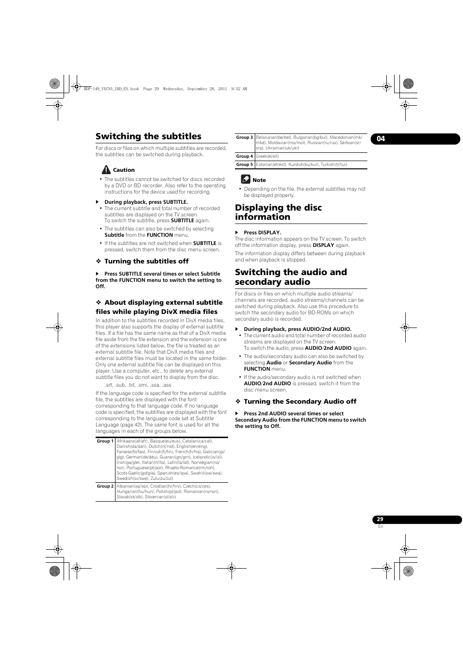 Switching the subtitles, Displaying the disc information, Switching the audio and secondary audio | Pioneer BDP-LX55 User Manual | Page 29 / 64