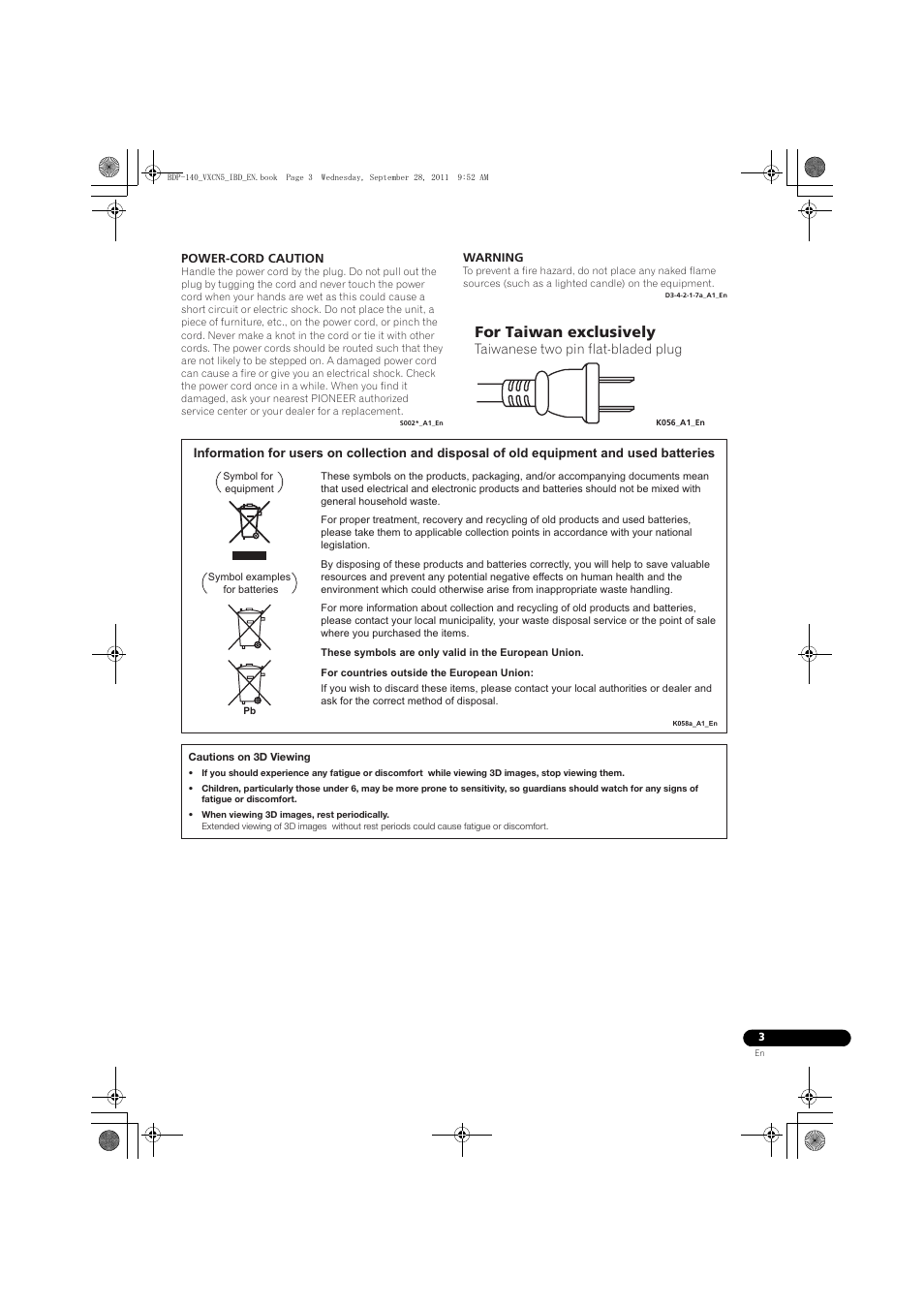 For taiwan exclusively, Taiwanese two pin flat-bladed plug | Pioneer BDP-LX55 User Manual | Page 3 / 64