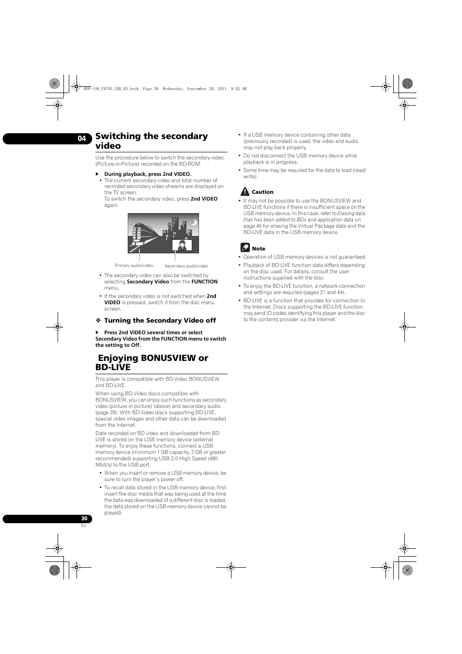 Switching the secondary video, Enjoying bonusview or bd-live | Pioneer BDP-LX55 User Manual | Page 30 / 64