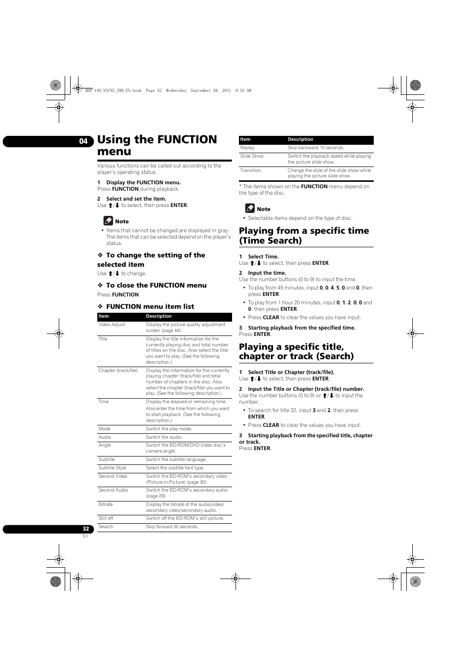 Using the function menu, Playing from a specific time (time search) | Pioneer BDP-LX55 User Manual | Page 32 / 64