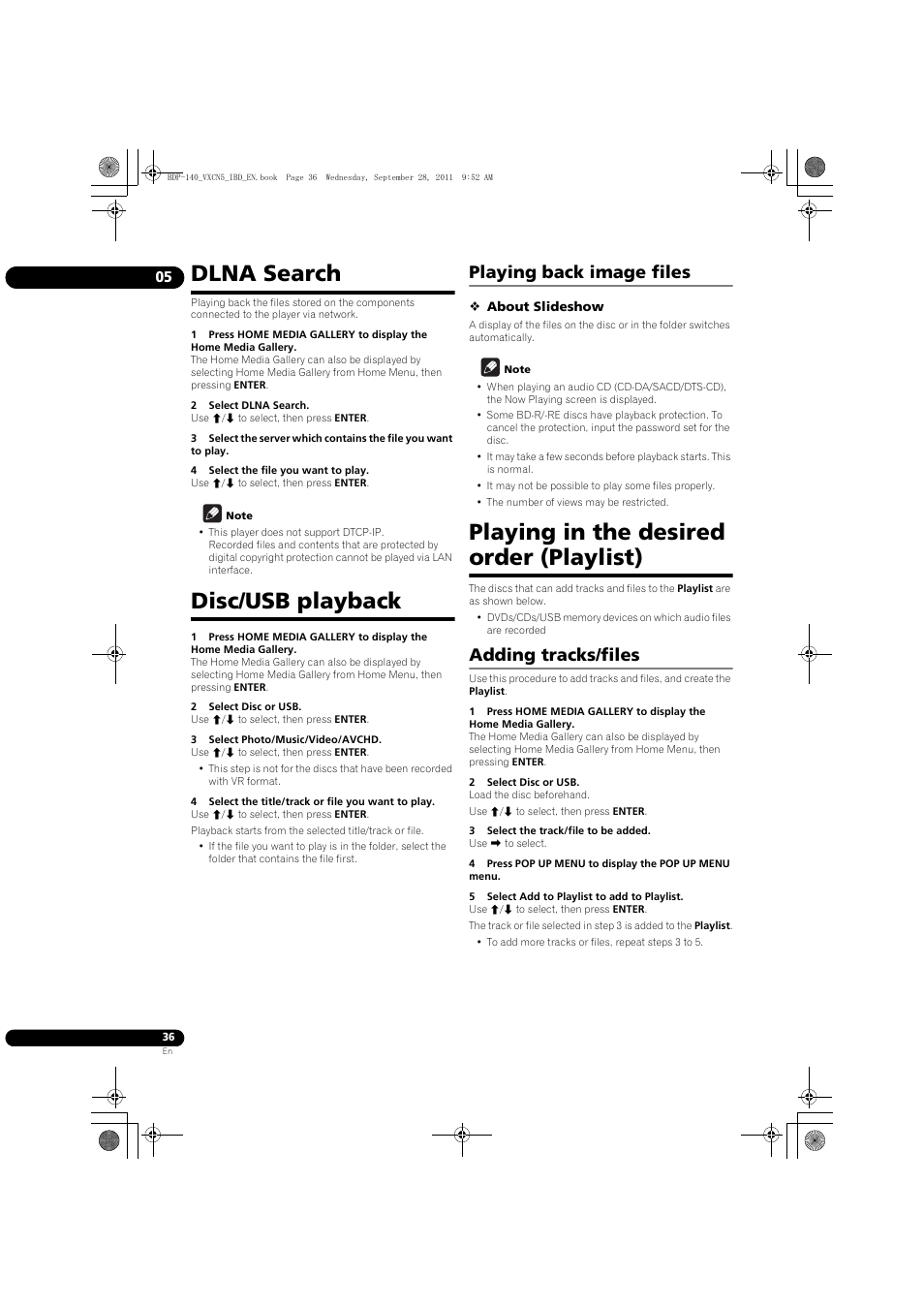 Dlna search disc/usb playback, Playing back image files, Playing in the desired order (playlist) | Adding tracks/files, Dlna search, Disc/usb playback | Pioneer BDP-LX55 User Manual | Page 36 / 64