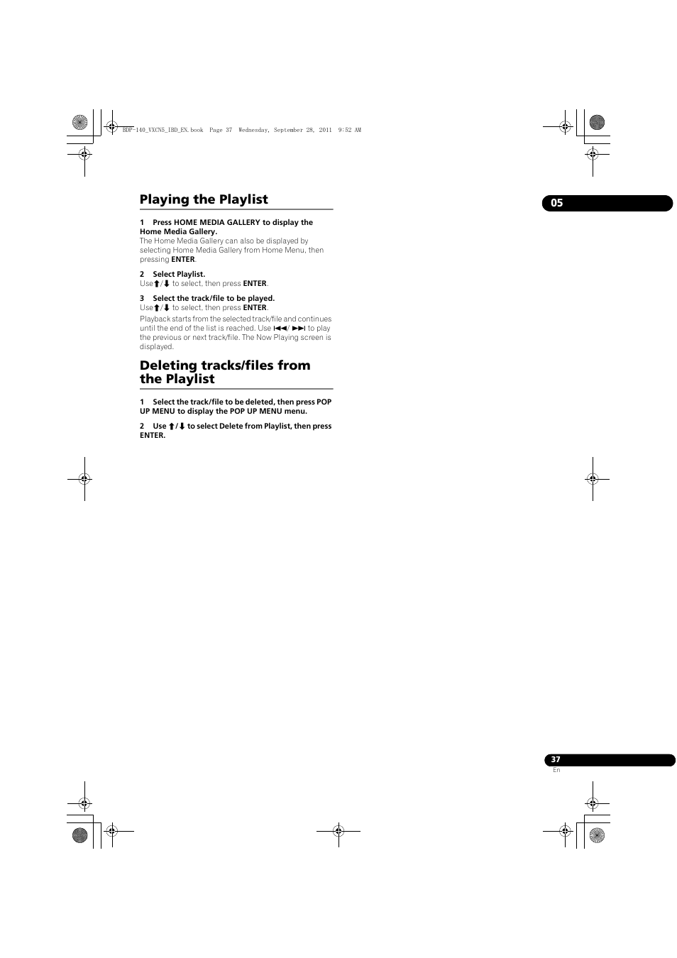 Playing the playlist, Deleting tracks/files from the playlist | Pioneer BDP-LX55 User Manual | Page 37 / 64