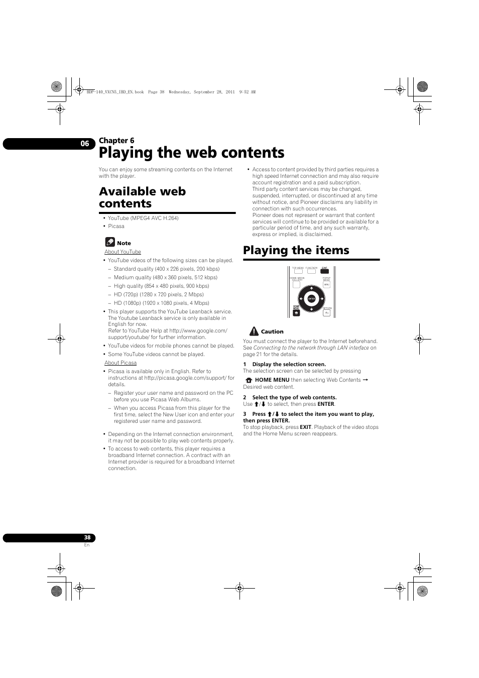 Available web contents playing the items, Playing the web contents, Available web contents | Playing the items, Chapter 6 | Pioneer BDP-LX55 User Manual | Page 38 / 64