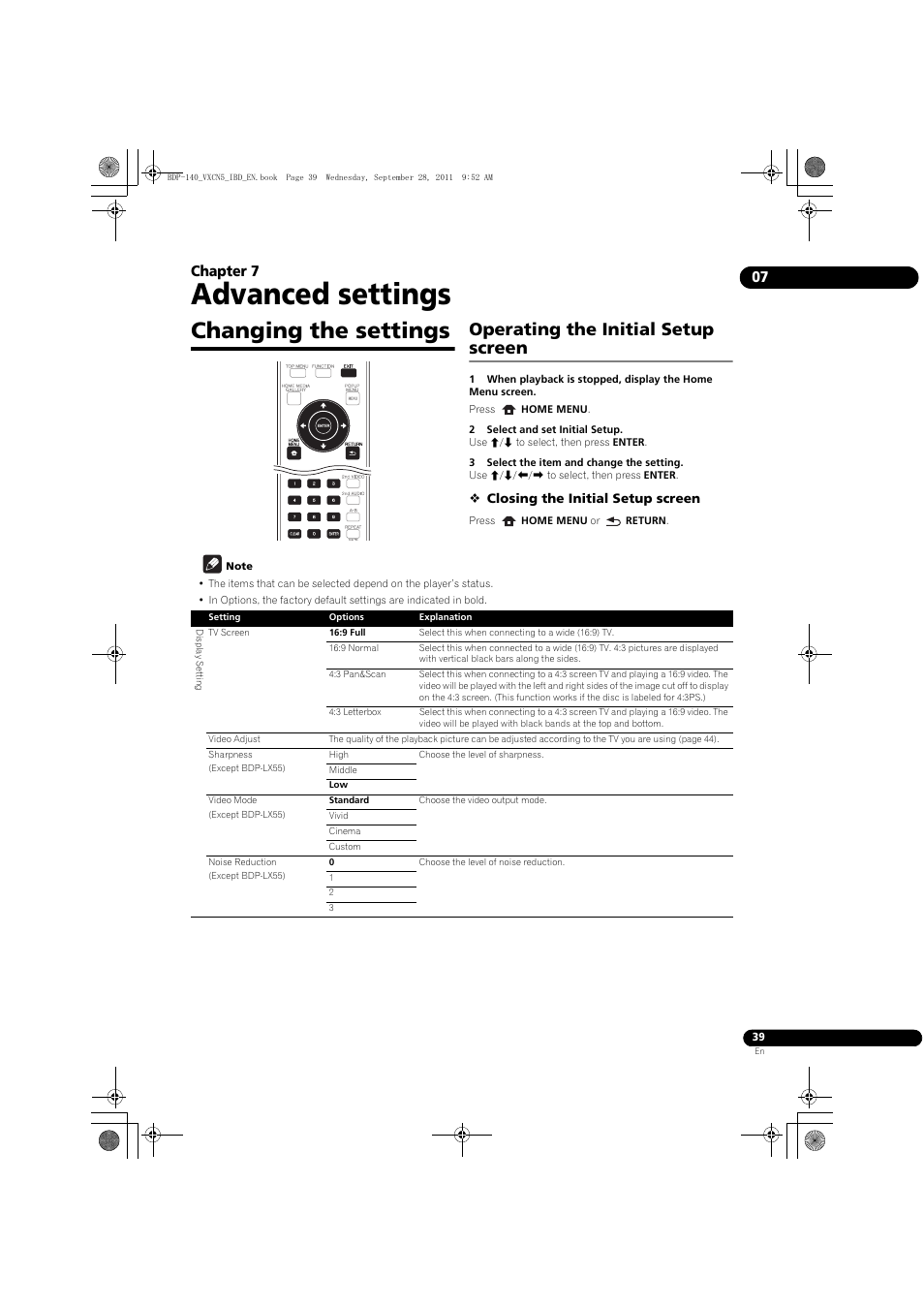 Changing the settings, Operating the initial setup screen, Advanced settings | 07 chapter 7 | Pioneer BDP-LX55 User Manual | Page 39 / 64