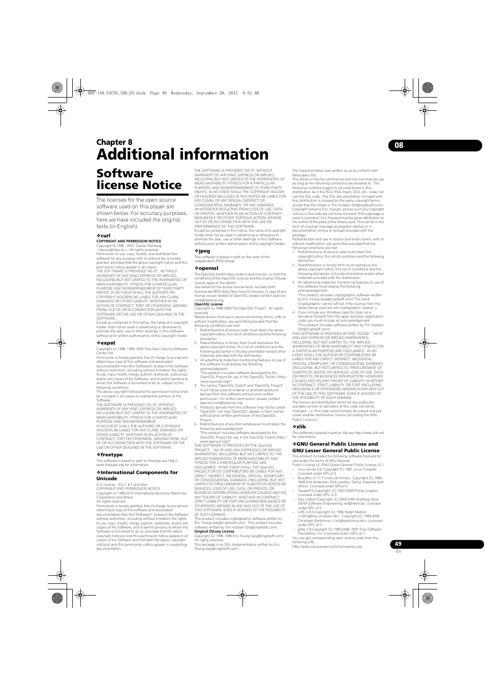 Software license notice, Additional information, 08 chapter 8 | Pioneer BDP-LX55 User Manual | Page 49 / 64