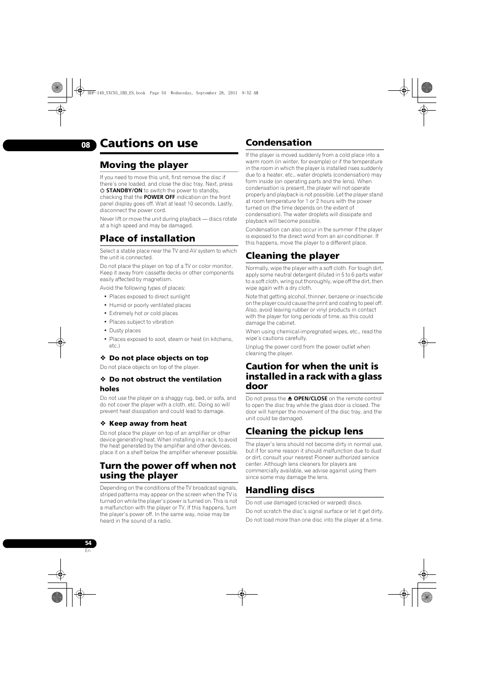 Cautions on use, Moving the player, Place of installation | Turn the power off when not using the player, Condensation, Cleaning the player, Cleaning the pickup lens, Handling discs | Pioneer BDP-LX55 User Manual | Page 54 / 64