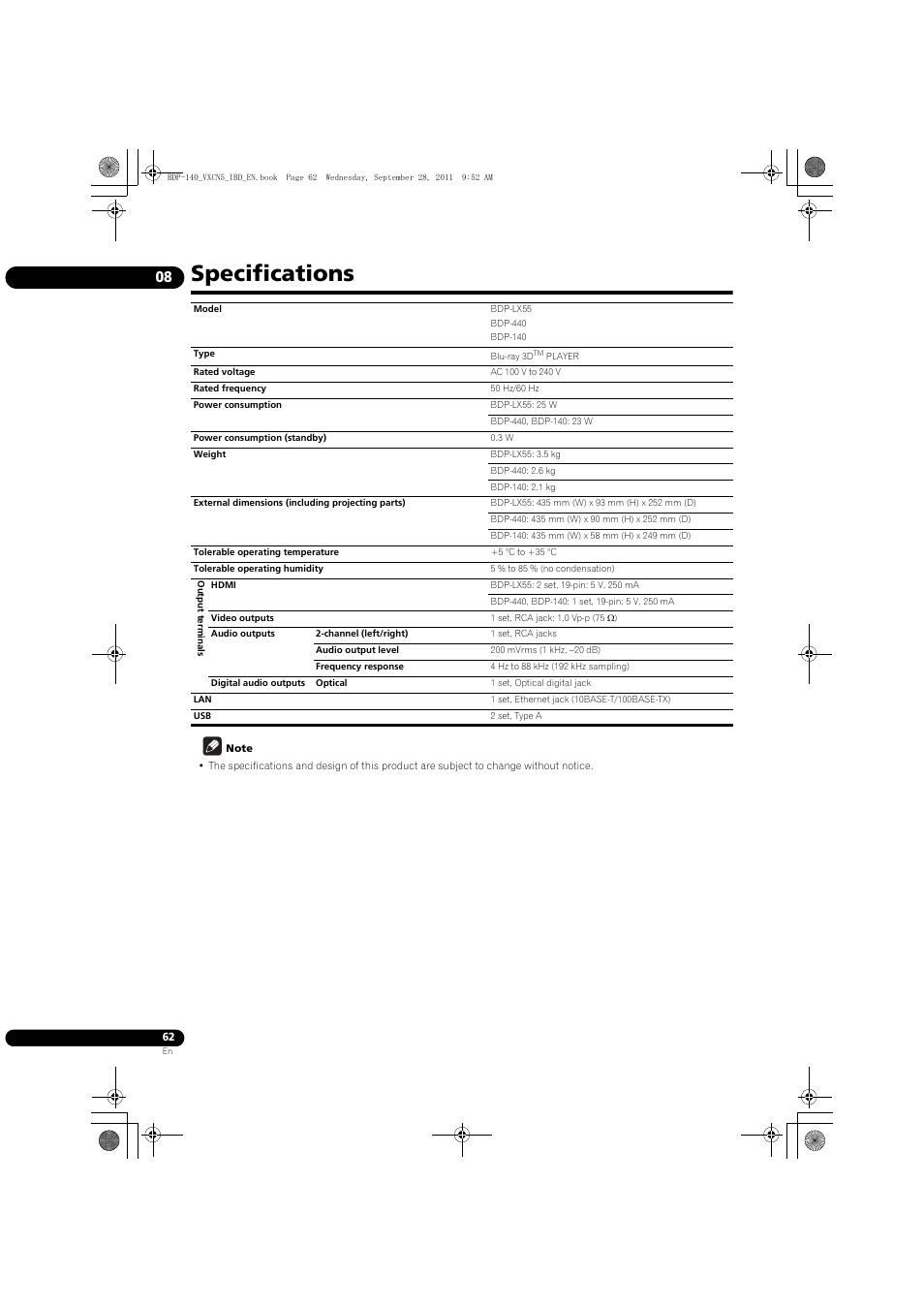 Specifications | Pioneer BDP-LX55 User Manual | Page 62 / 64