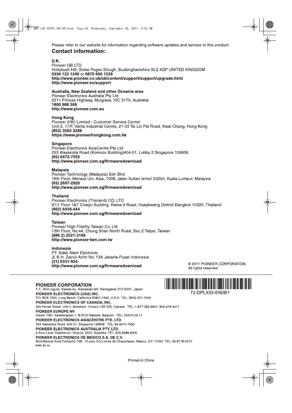 Pioneer BDP-LX55 User Manual | Page 64 / 64