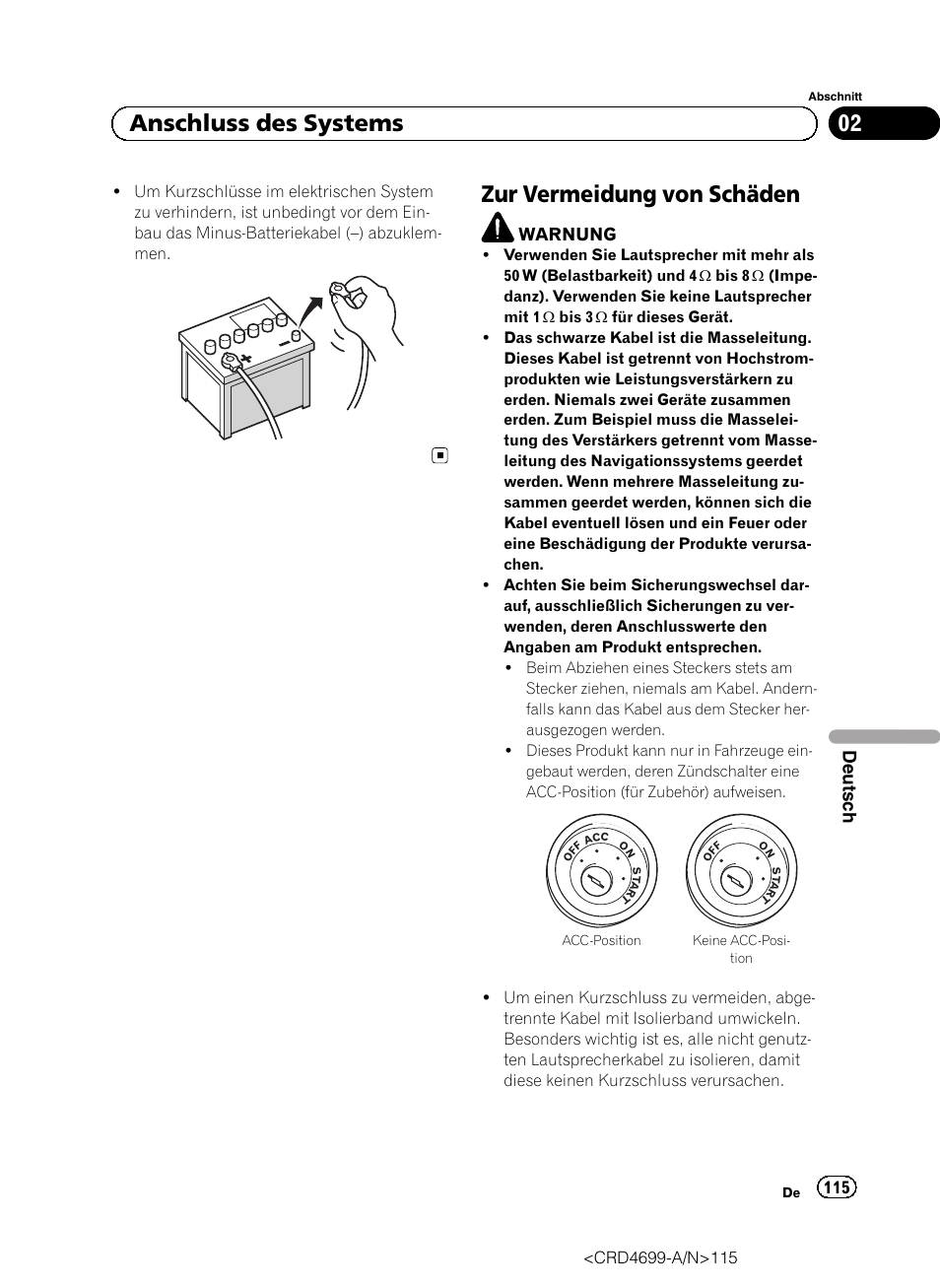 Zur vermeidung von schäden, 02 anschluss des systems, Deutsch | Pioneer AVIC-F50BT User Manual | Page 115 / 168