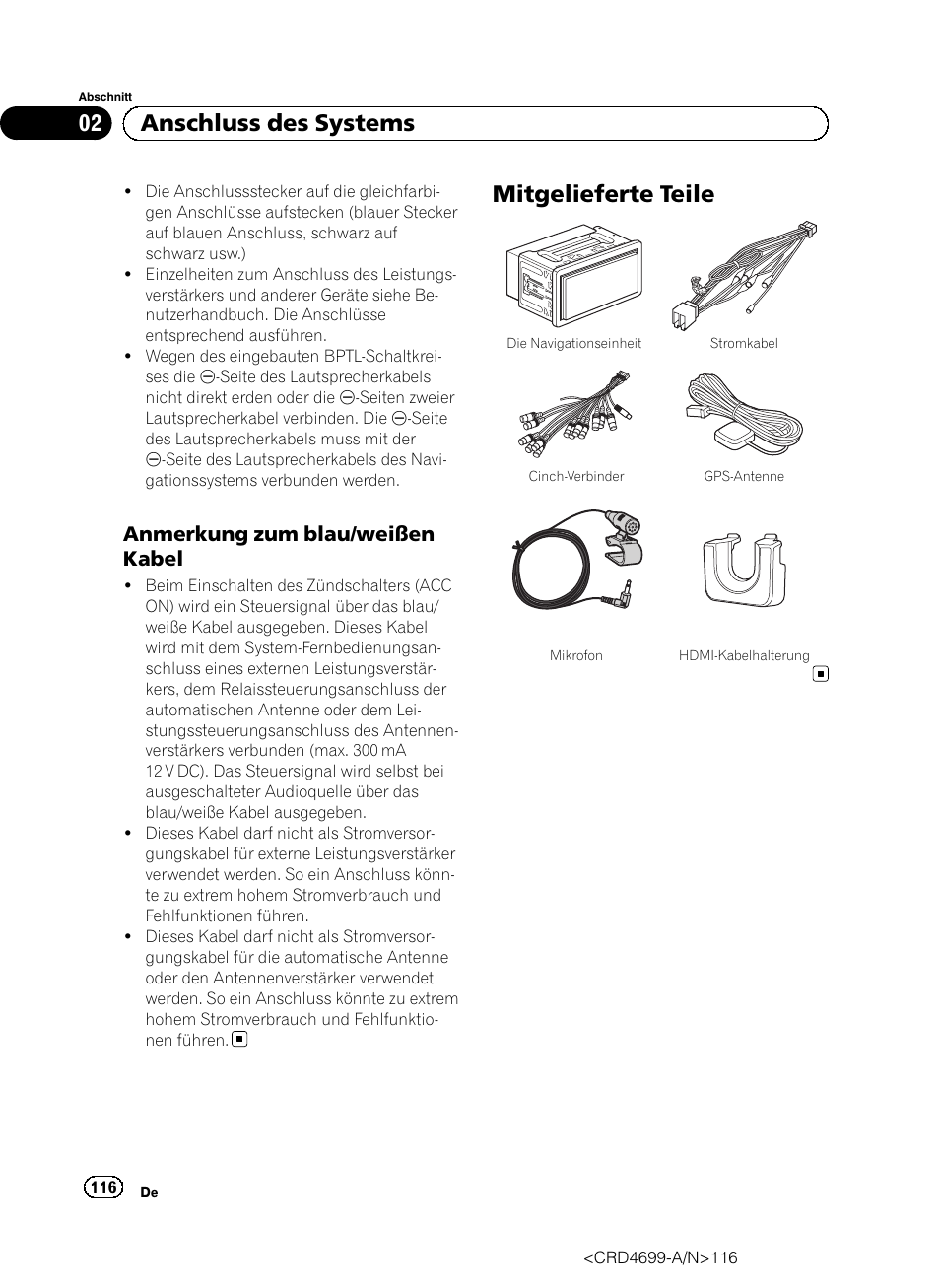 Anmerkung zum blau/weißen, Kabel, Mitgelieferte teile | 02 anschluss des systems, Anmerkung zum blau/weißen kabel | Pioneer AVIC-F50BT User Manual | Page 116 / 168