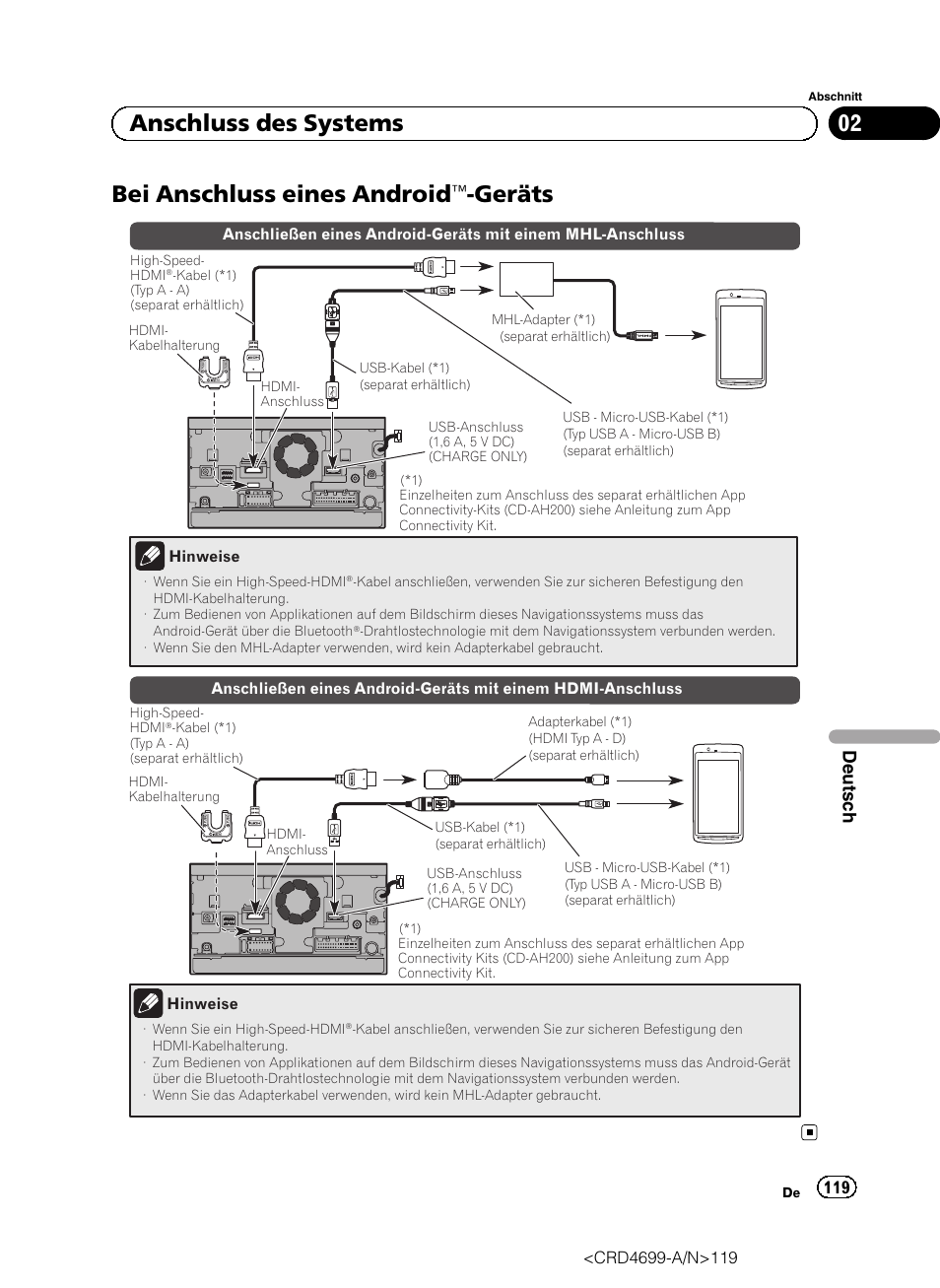 Bei anschluss eines android, Geräts 119, Geräts | 02 anschluss des systems, Deutsch | Pioneer AVIC-F50BT User Manual | Page 119 / 168