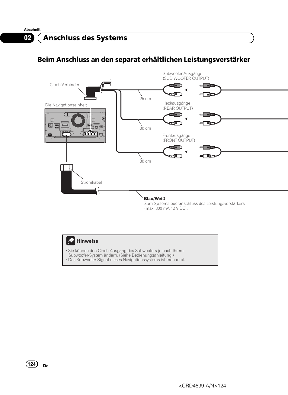 Beim anschluss an den separat erhältlichen, Leistungsverstärker, 02 anschluss des systems | Pioneer AVIC-F50BT User Manual | Page 124 / 168