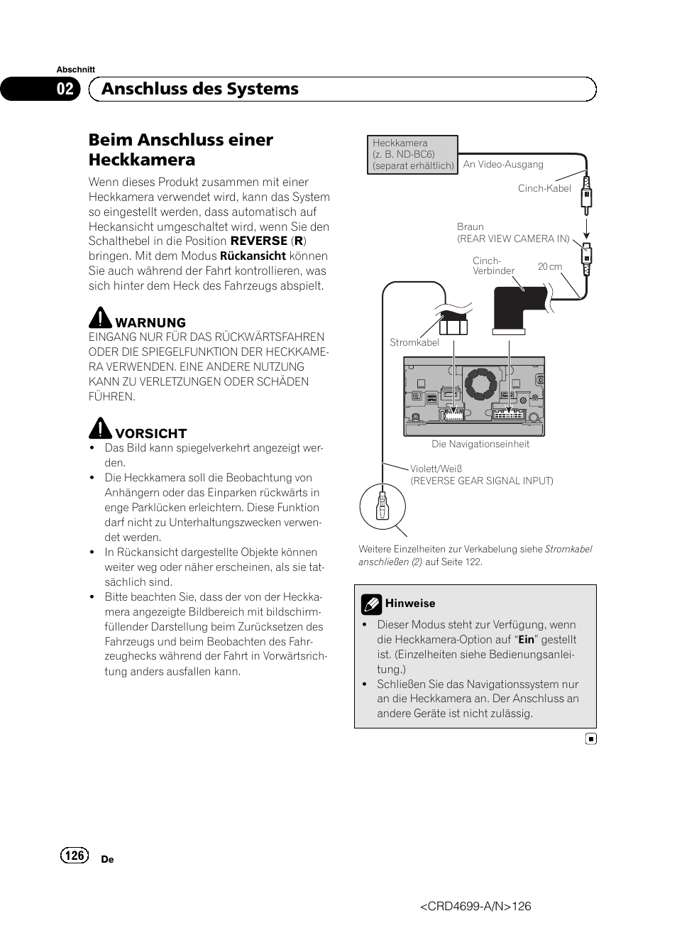 Beim anschluss einer heckkamera, 02 anschluss des systems | Pioneer AVIC-F50BT User Manual | Page 126 / 168