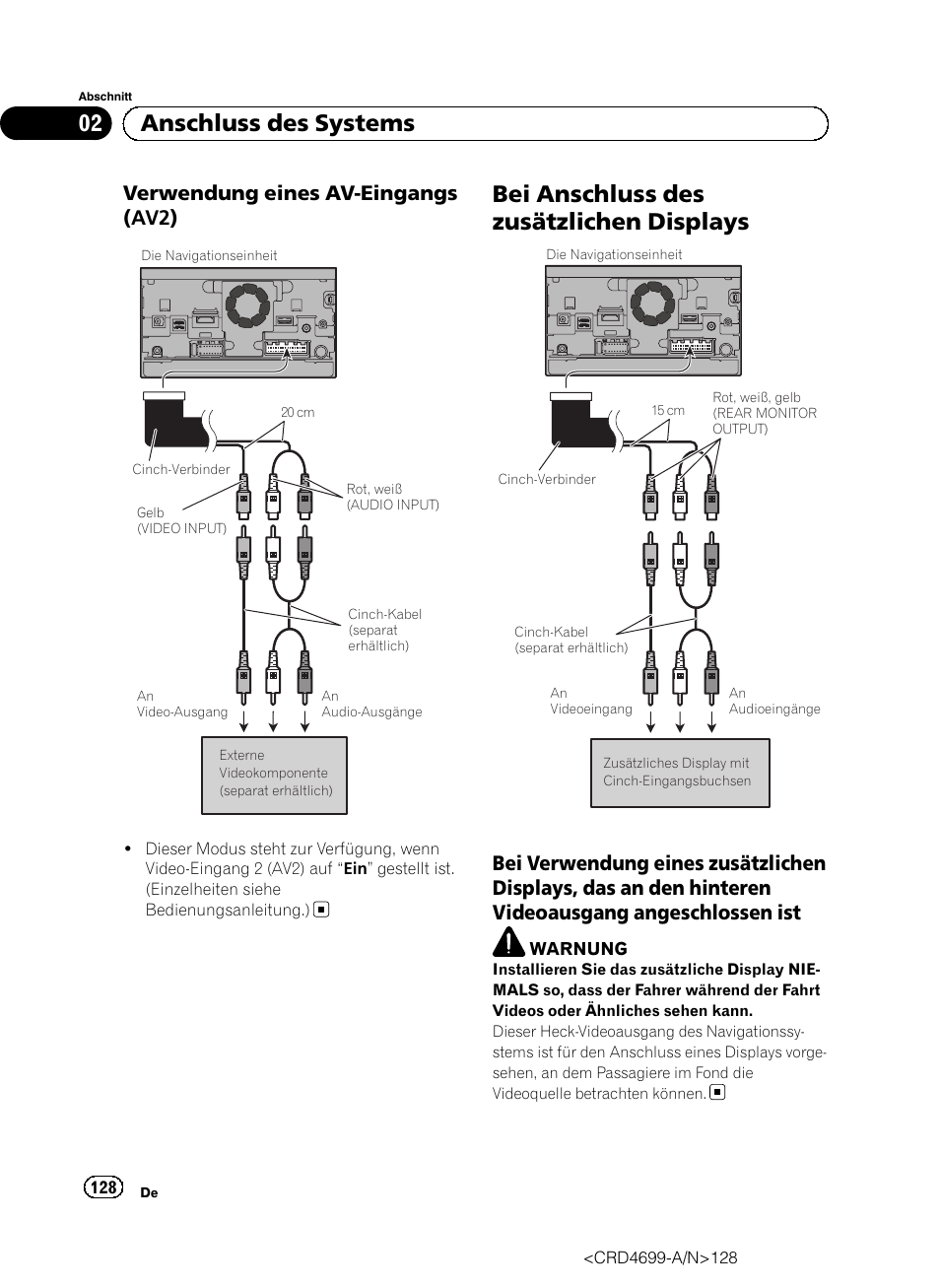 Verwendung eines av-eingangs, Av2), Bei anschluss des zusätzlichen | Displays, Bei verwendung eines zusätzlichen, Bei anschluss des zusätzlichen displays, 02 anschluss des systems, Verwendung eines av-eingangs (av2) | Pioneer AVIC-F50BT User Manual | Page 128 / 168