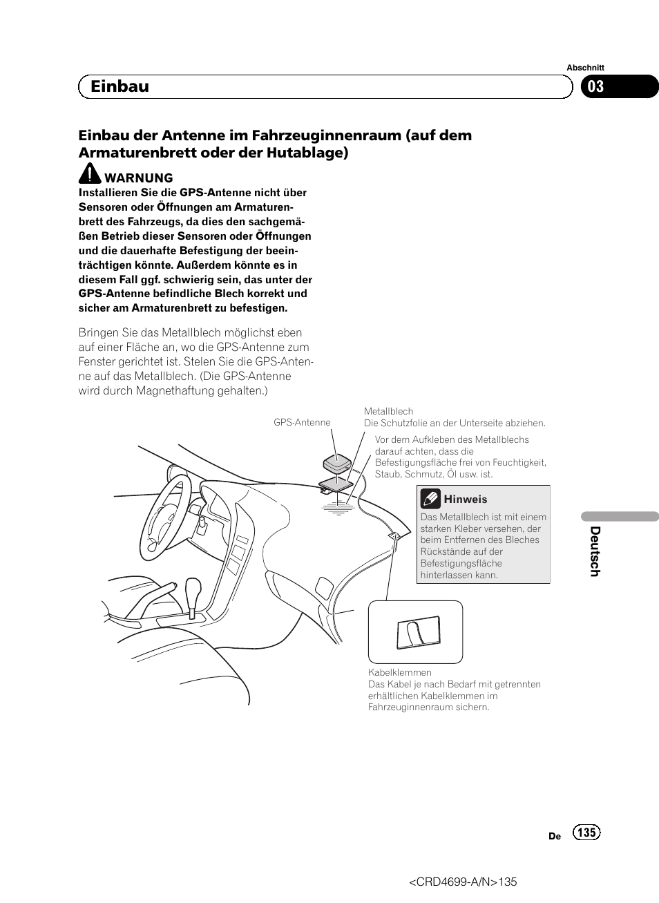 Einbau der antenne im, 03 einbau | Pioneer AVIC-F50BT User Manual | Page 135 / 168