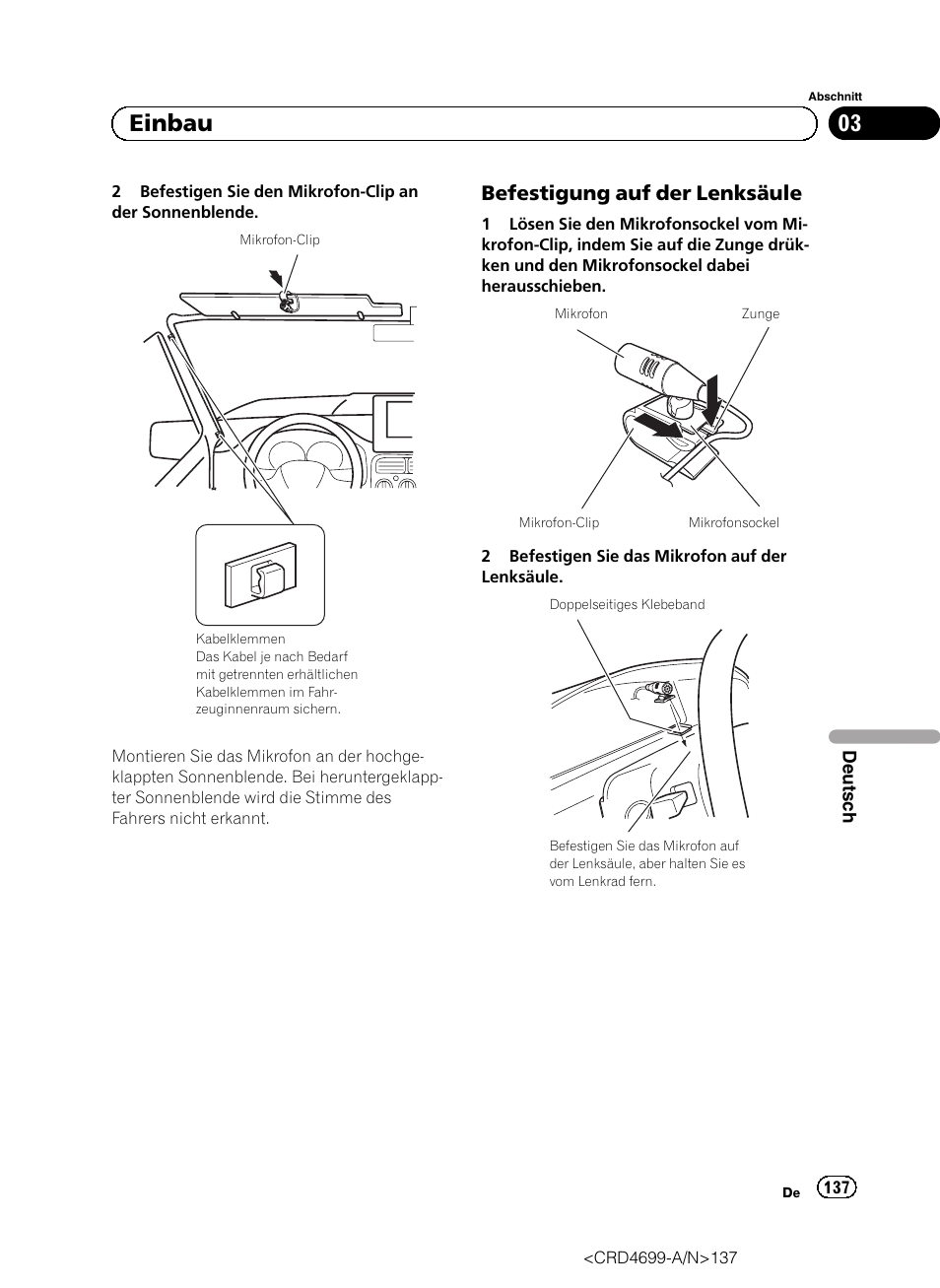 Befestigung auf der lenksäule 137, 03 einbau, Befestigung auf der lenksäule | Pioneer AVIC-F50BT User Manual | Page 137 / 168