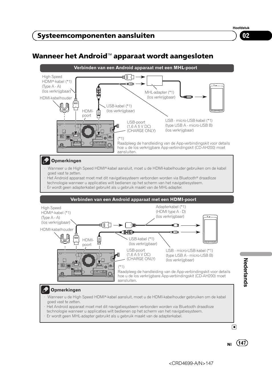 Wanneer het android, Apparaat wordt, Aangesloten | Apparaat wordt aangesloten, 02 systeemcomponenten aansluiten, Nederlands | Pioneer AVIC-F50BT User Manual | Page 147 / 168
