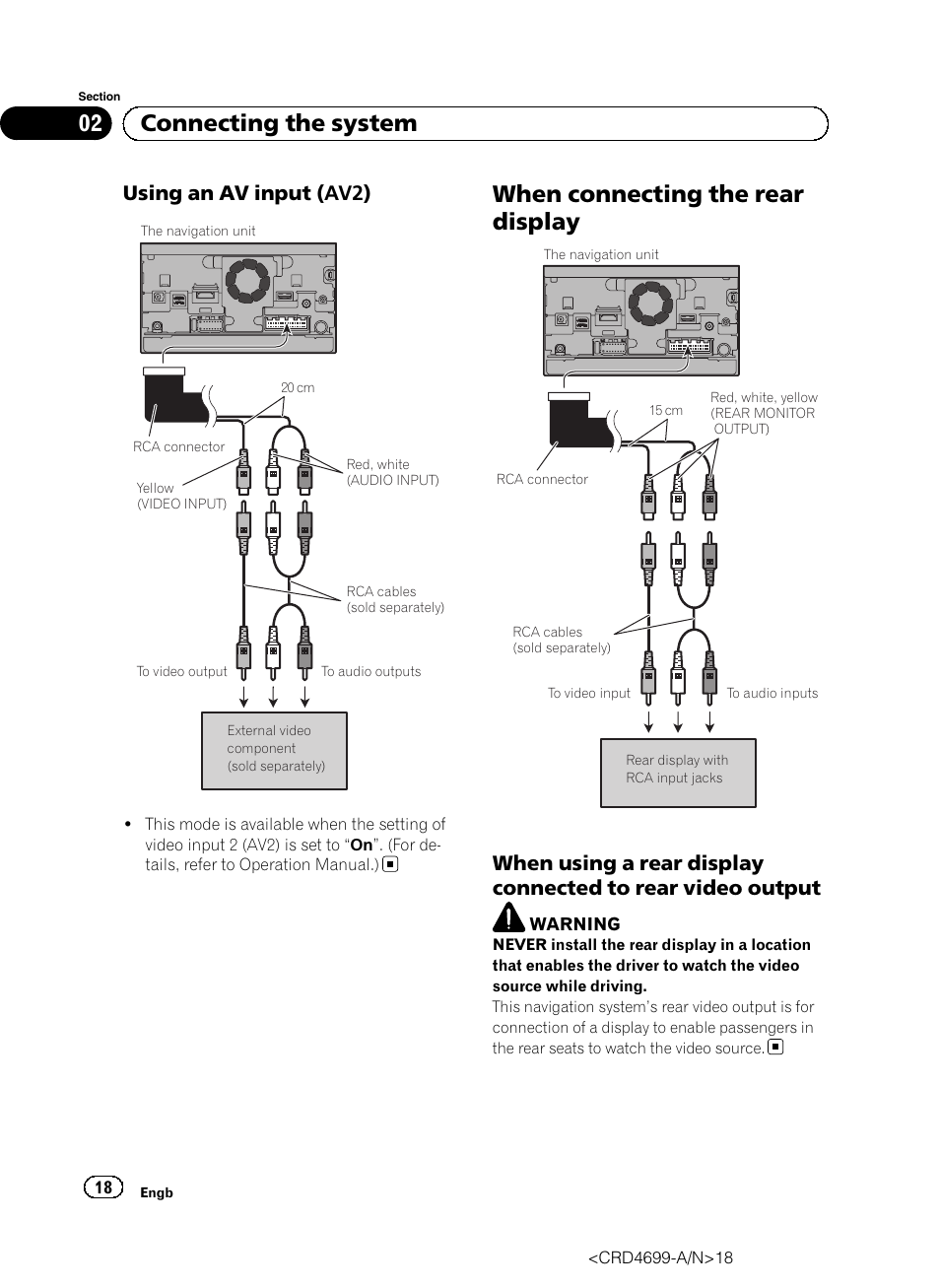 Using an av input (av2) 18, When connecting the rear display, When using a rear display connected to | Rear video output, 02 connecting the system, Using an av input (av2) | Pioneer AVIC-F50BT User Manual | Page 18 / 168