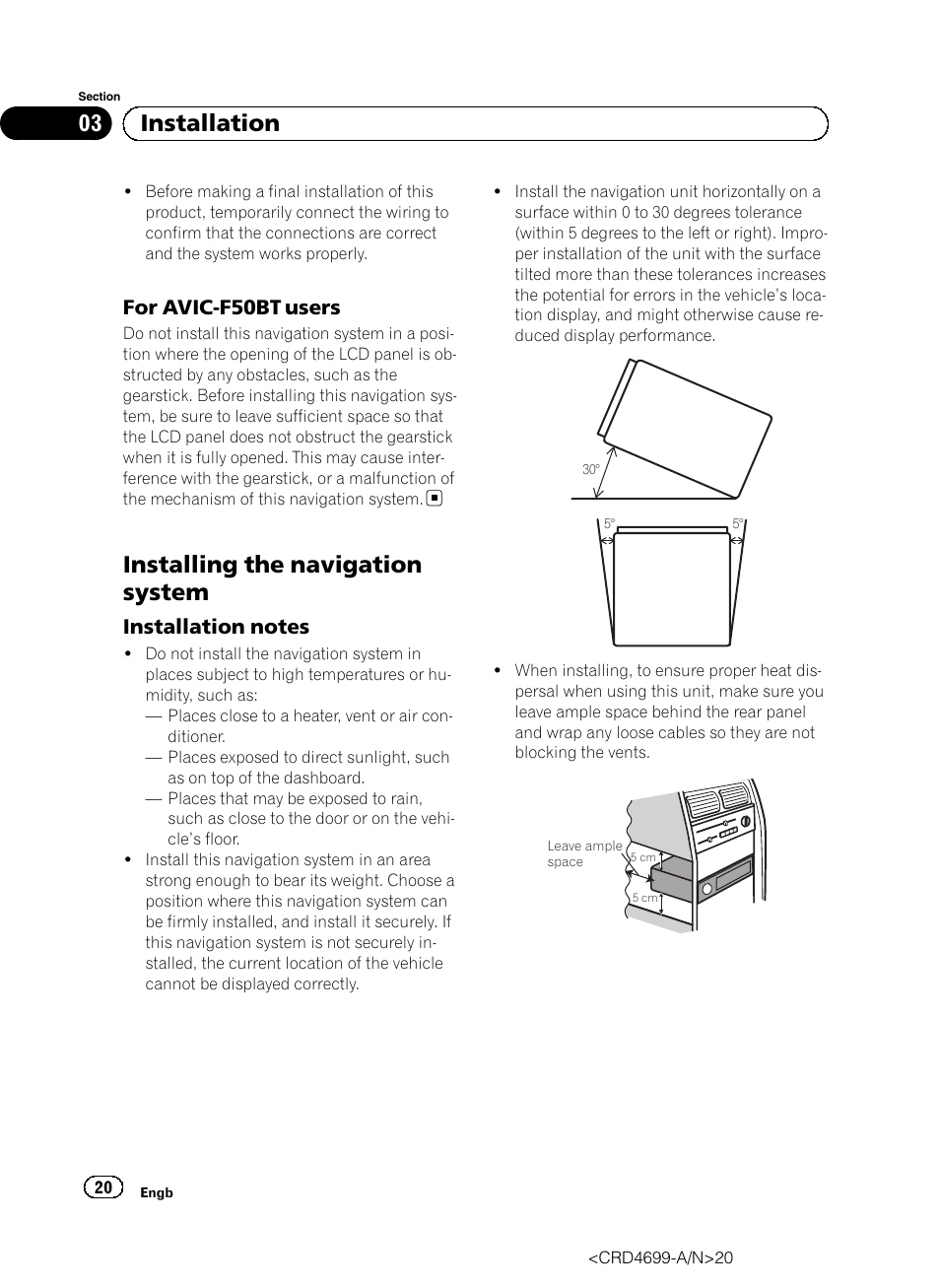 For avic-f50bt users 20, Installing the navigation system, Installation notes 20 | 03 installation, For avic-f50bt users | Pioneer AVIC-F50BT User Manual | Page 20 / 168