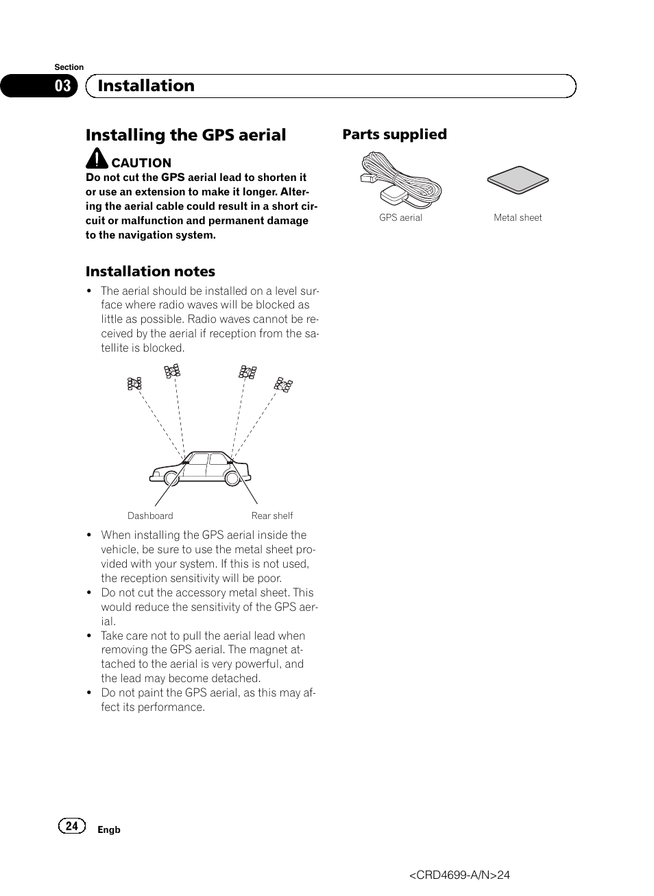 Installing the gps aerial, Installation notes 24, Parts supplied 24 | 03 installation, Parts supplied | Pioneer AVIC-F50BT User Manual | Page 24 / 168