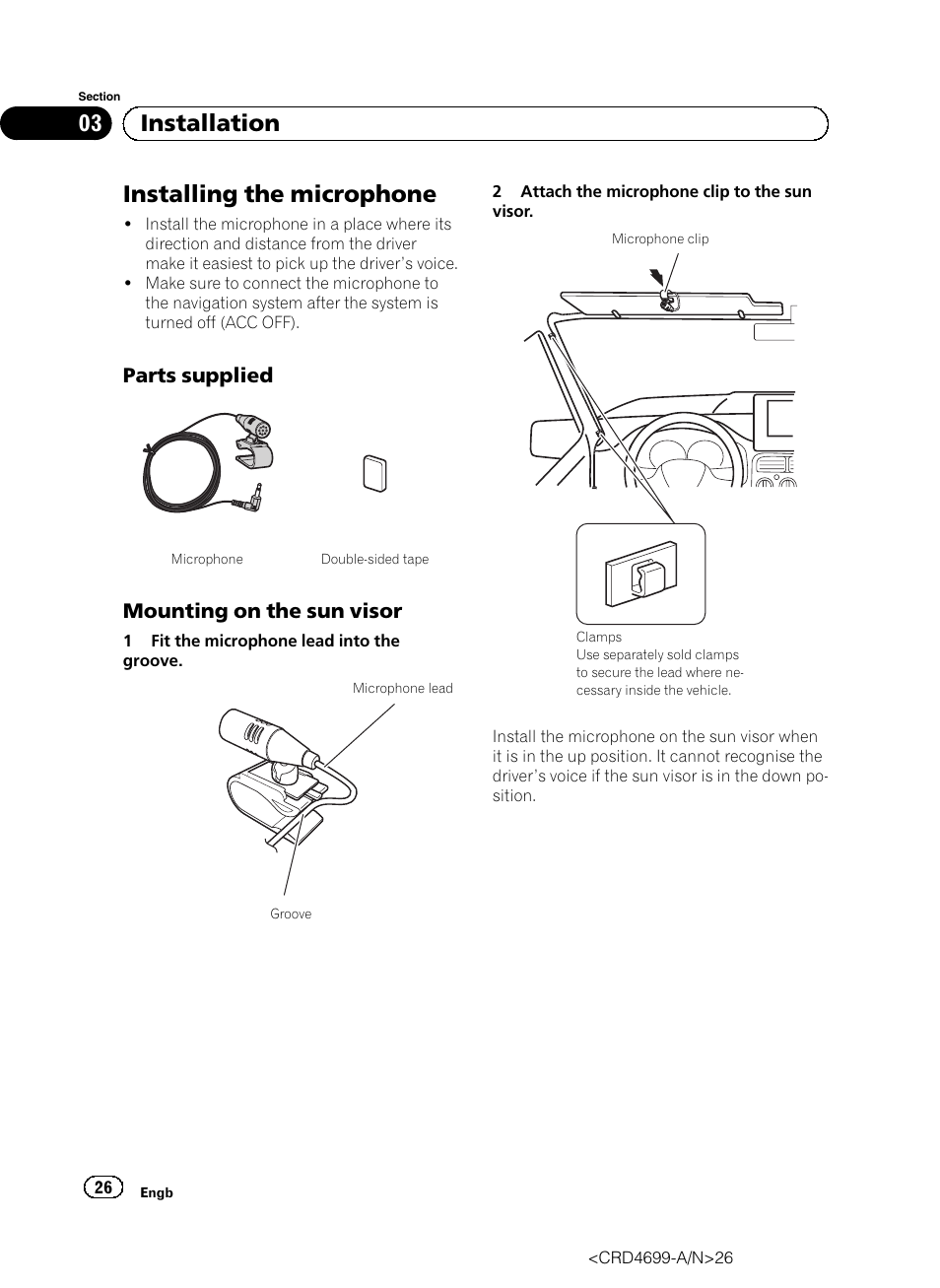 Installing the microphone, Parts supplied 26, Mounting on the sun visor 26 | 03 installation, Parts supplied, Mounting on the sun visor | Pioneer AVIC-F50BT User Manual | Page 26 / 168