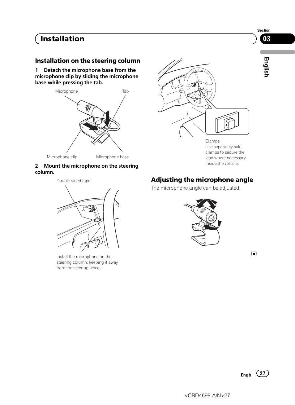 Installation on the steering column 27, Adjusting the microphone angle 27, 03 installation | Installation on the steering column, Adjusting the microphone angle | Pioneer AVIC-F50BT User Manual | Page 27 / 168